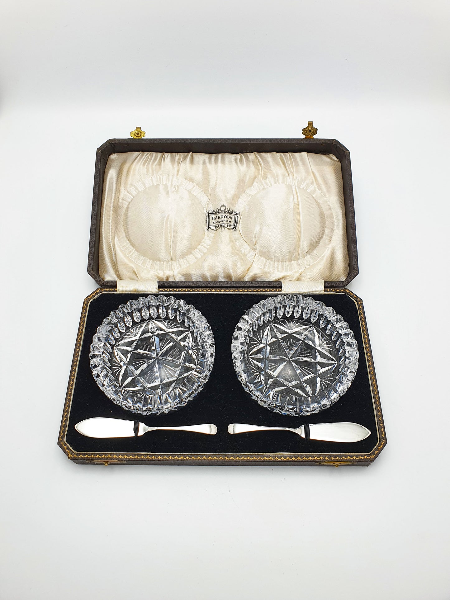 Harrods Cut Glass Butter Dishes with Silver Spreaders - 1933