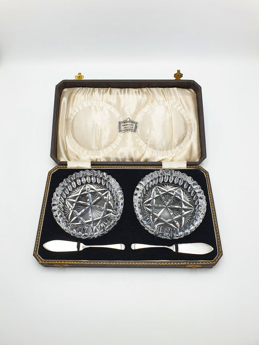 Harrods Cut Glass Butter Dishes with Silver Spreaders - 1933
