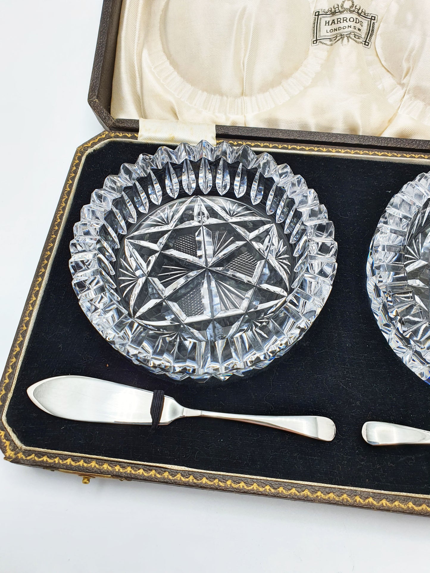Harrods Cut Glass Butter Dishes with Silver Spreaders - 1933
