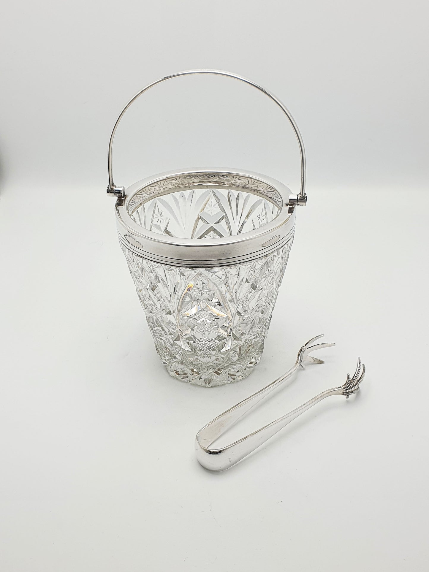 Wonderful Cut Glass and Silver-Plated Ice Bucket with Talon Tongs – circa 1930