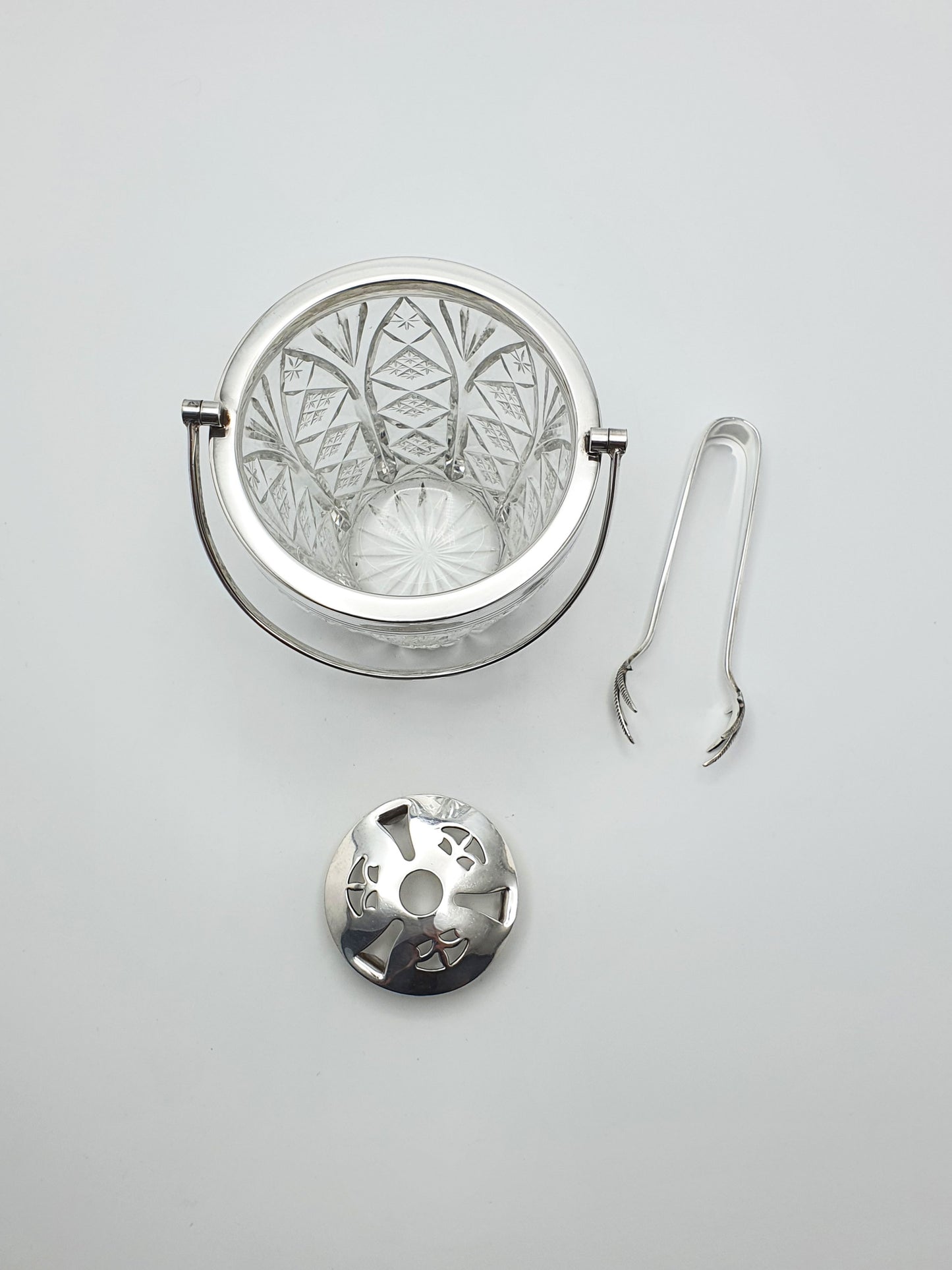 Wonderful Cut Glass and Silver-Plated Ice Bucket with Talon Tongs – circa 1930