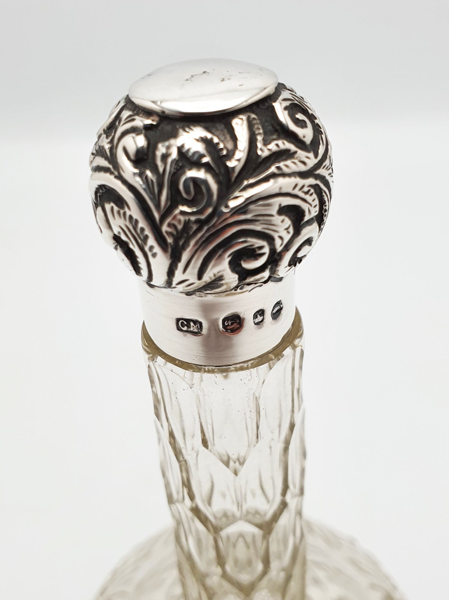 Antique Cut Glass Long Necked Scent Bottle with Sterling Silver Top – circa 1900