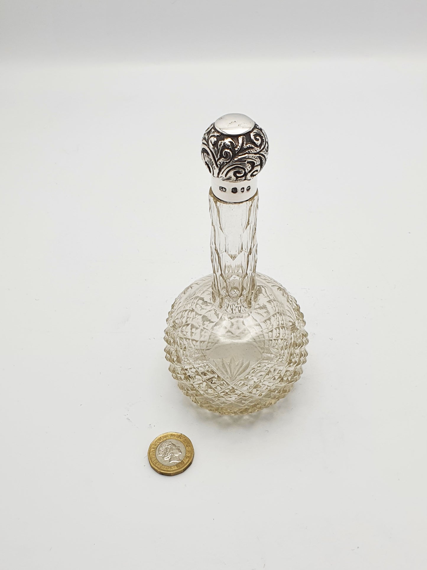 Antique Cut Glass Long Necked Scent Bottle with Sterling Silver Top – circa 1900