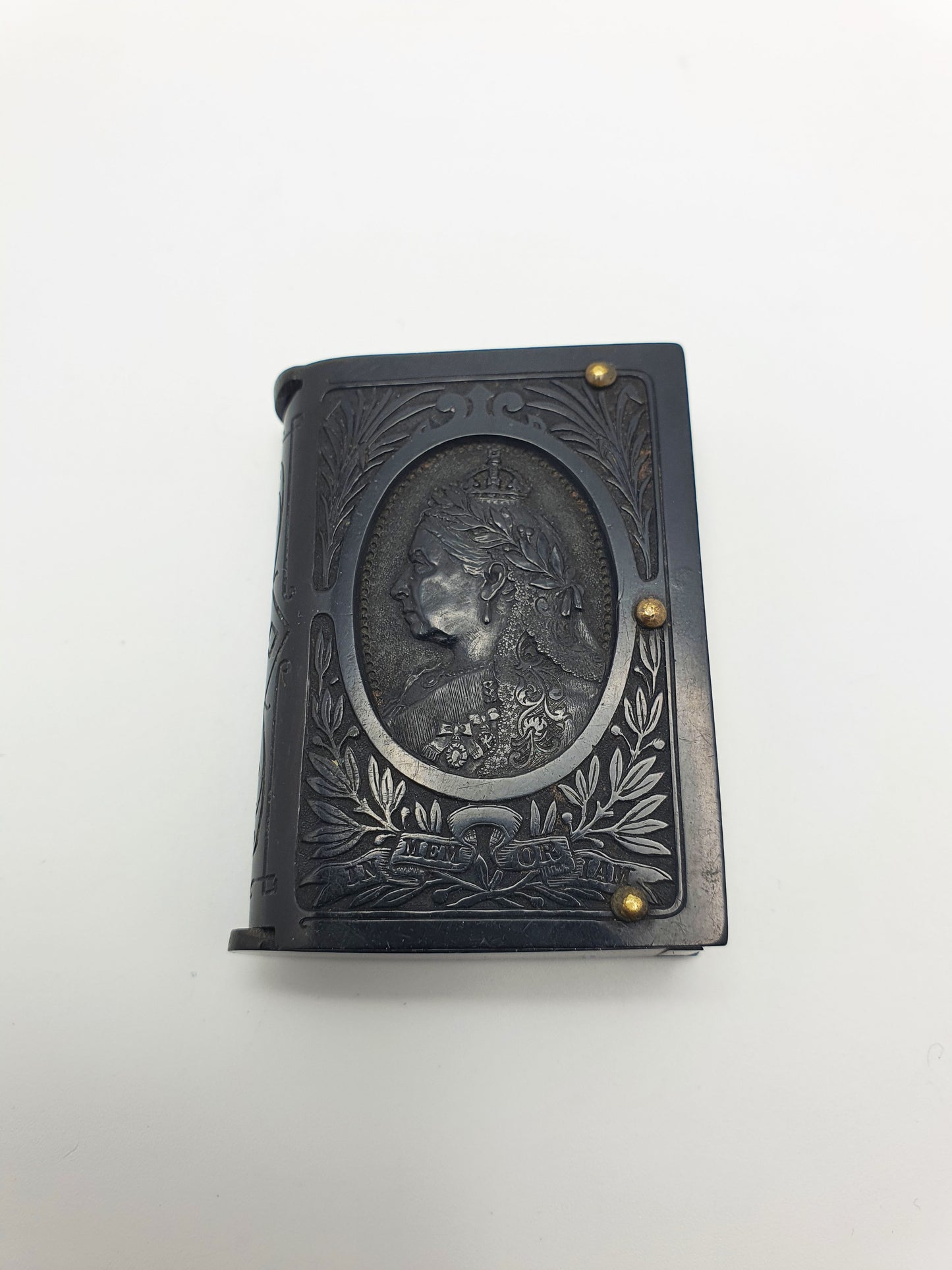 Antique Black Vulcanite Vesta Case Match Safe - Queen Victoria in Memoriam c1901
