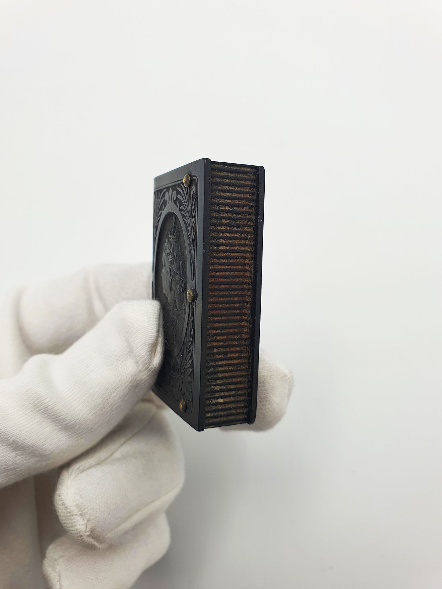Antique Black Vulcanite Vesta Case Match Safe - Queen Victoria in Memoriam c1901
