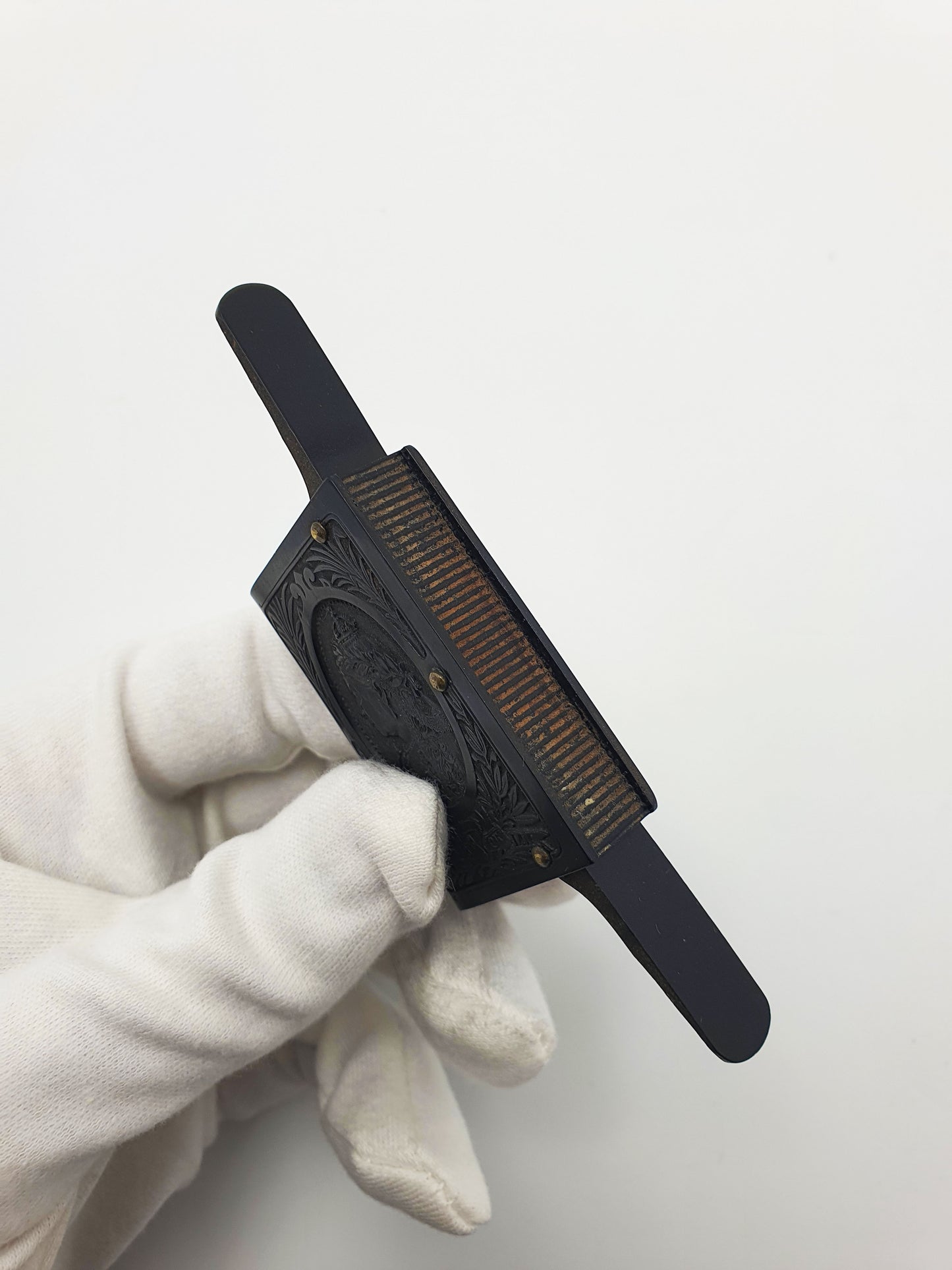 Antique Black Vulcanite Vesta Case Match Safe - Queen Victoria in Memoriam c1901