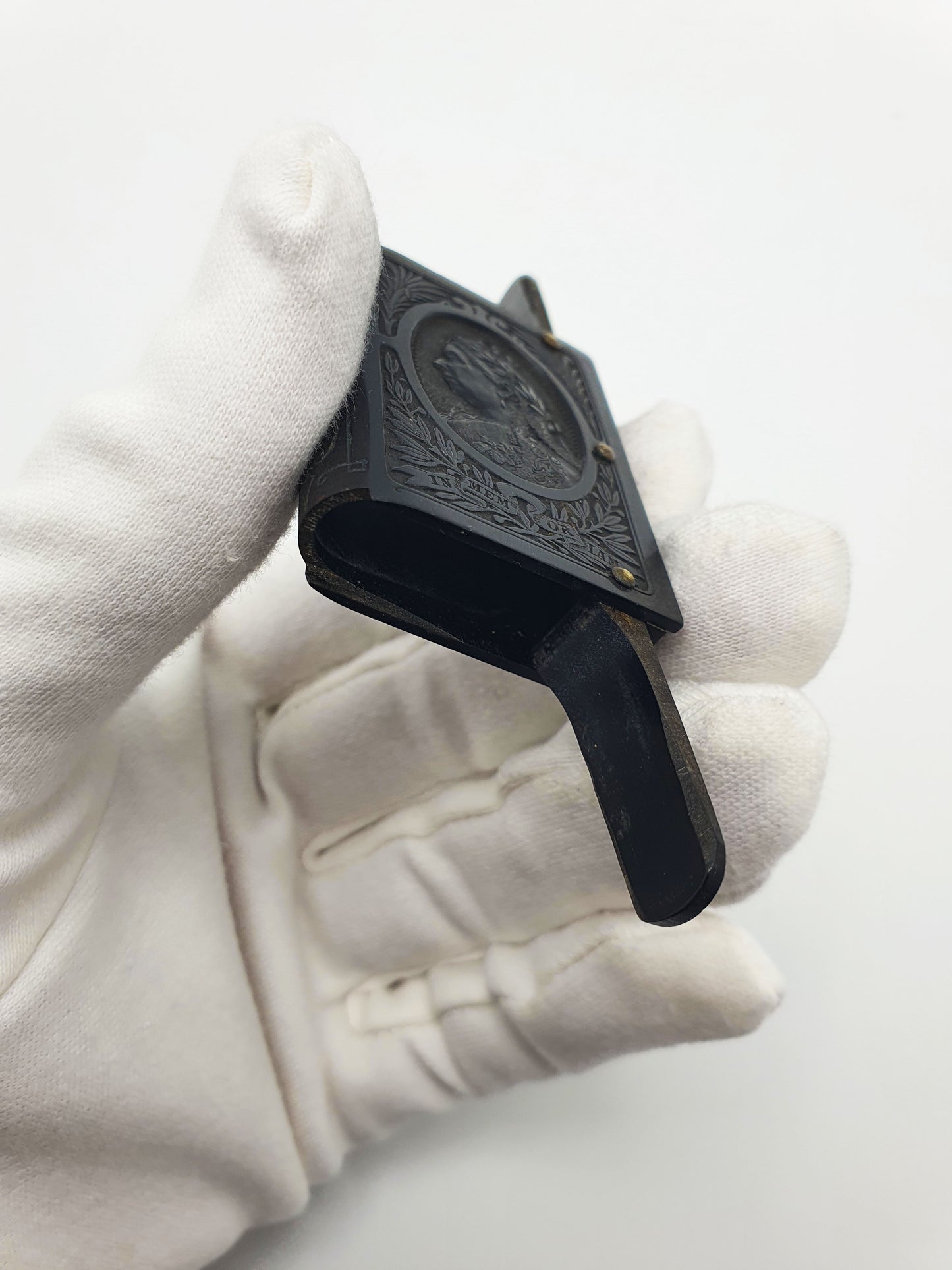Antique Black Vulcanite Vesta Case Match Safe - Queen Victoria in Memoriam c1901