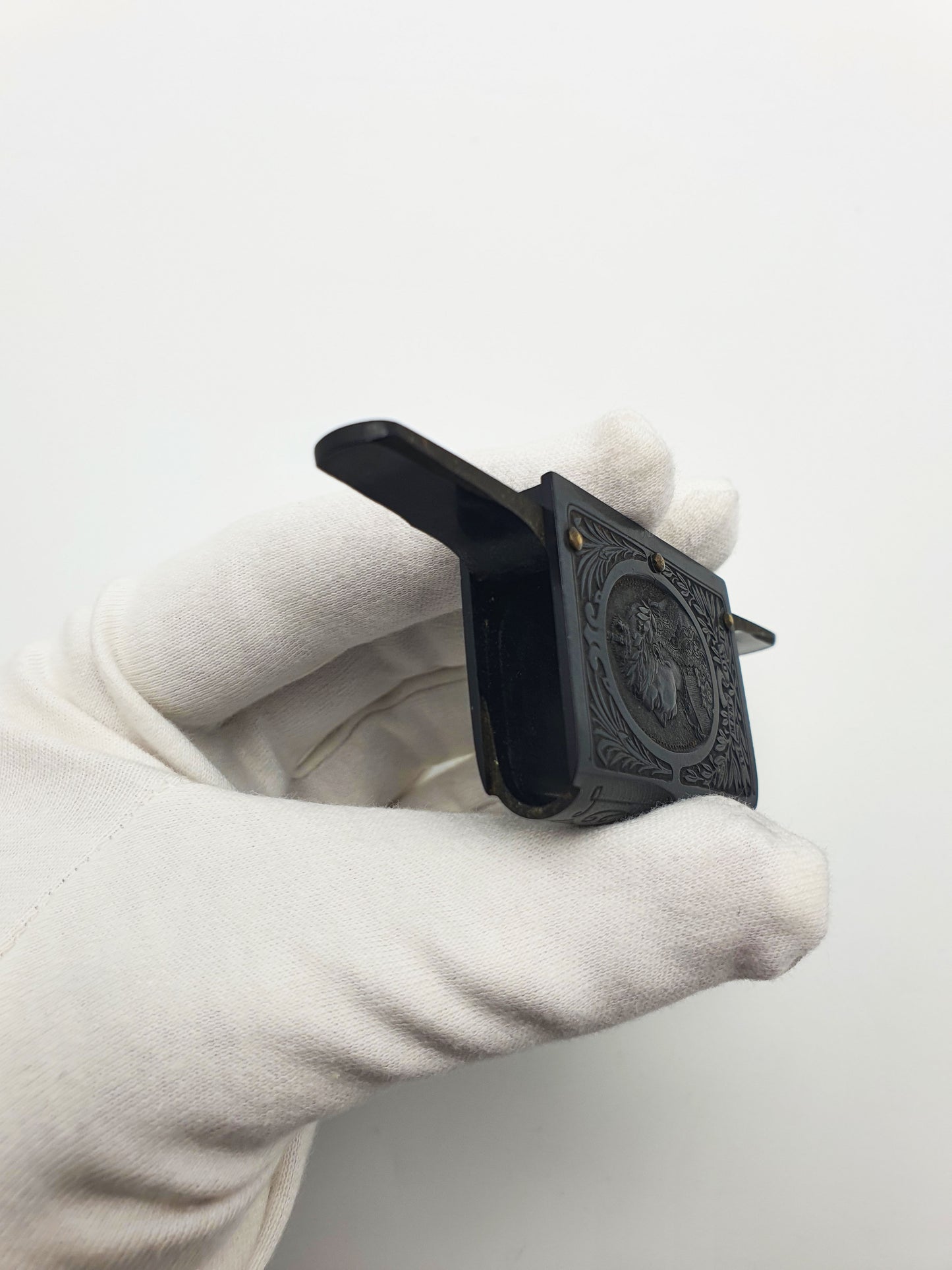 Antique Black Vulcanite Vesta Case Match Safe - Queen Victoria in Memoriam c1901