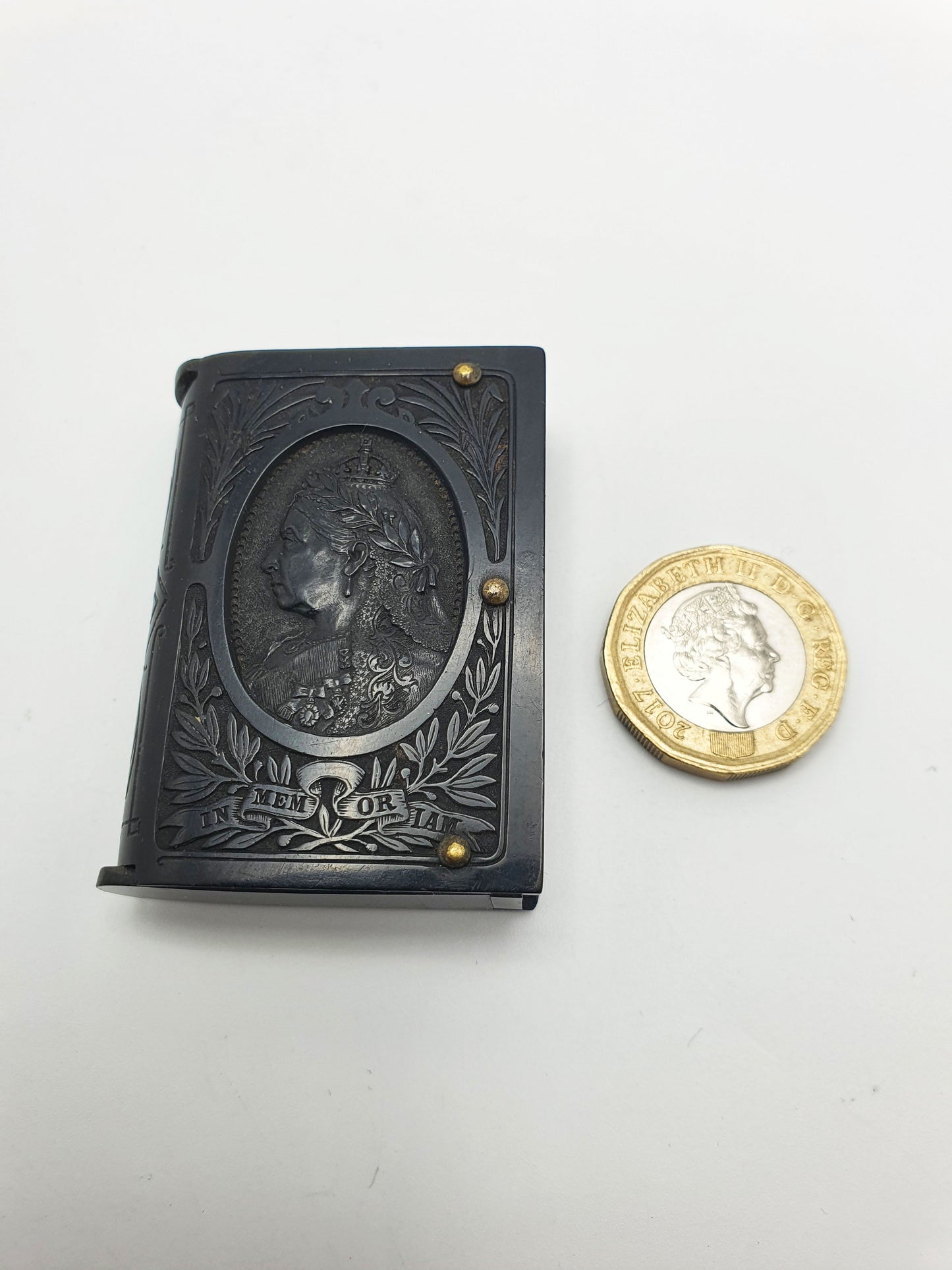 Antique Black Vulcanite Vesta Case Match Safe - Queen Victoria in Memoriam c1901