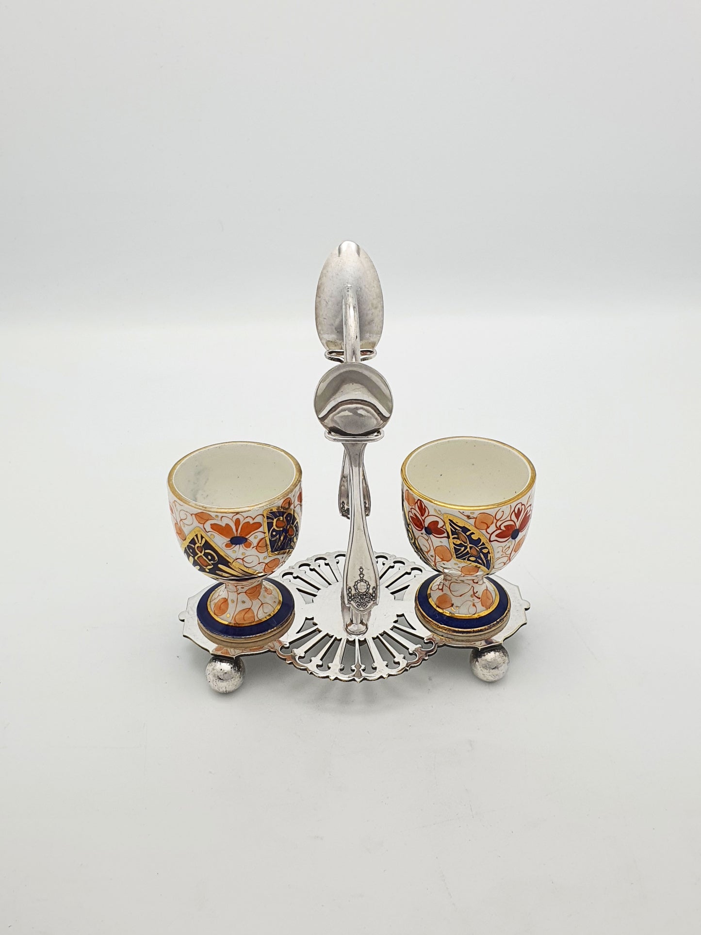 Lovely Antique Victorian Imari China & Silver-Plated Egg Cup Set – circa 1890