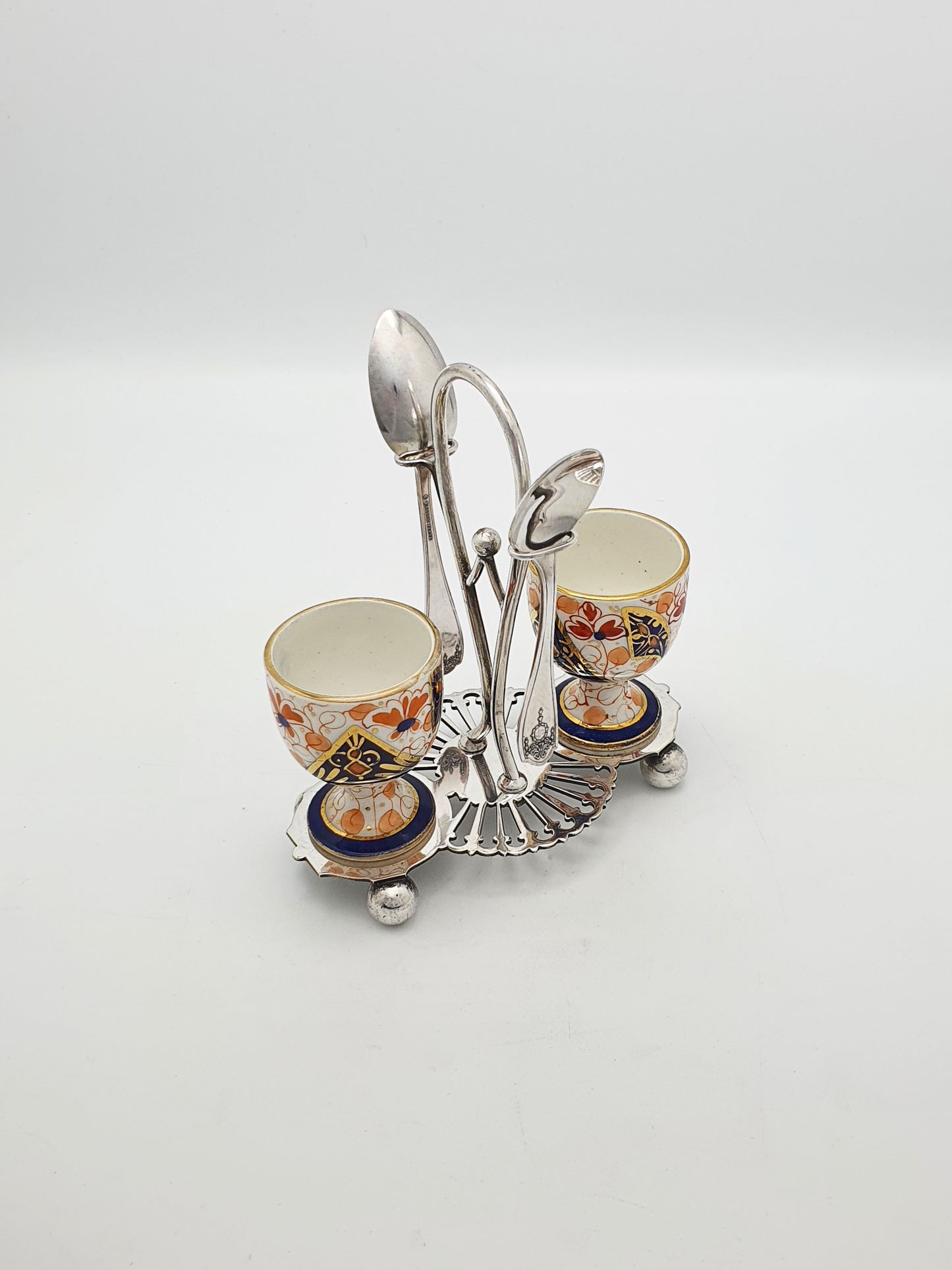 Lovely Antique Victorian Imari China & Silver-Plated Egg Cup Set – circa 1890