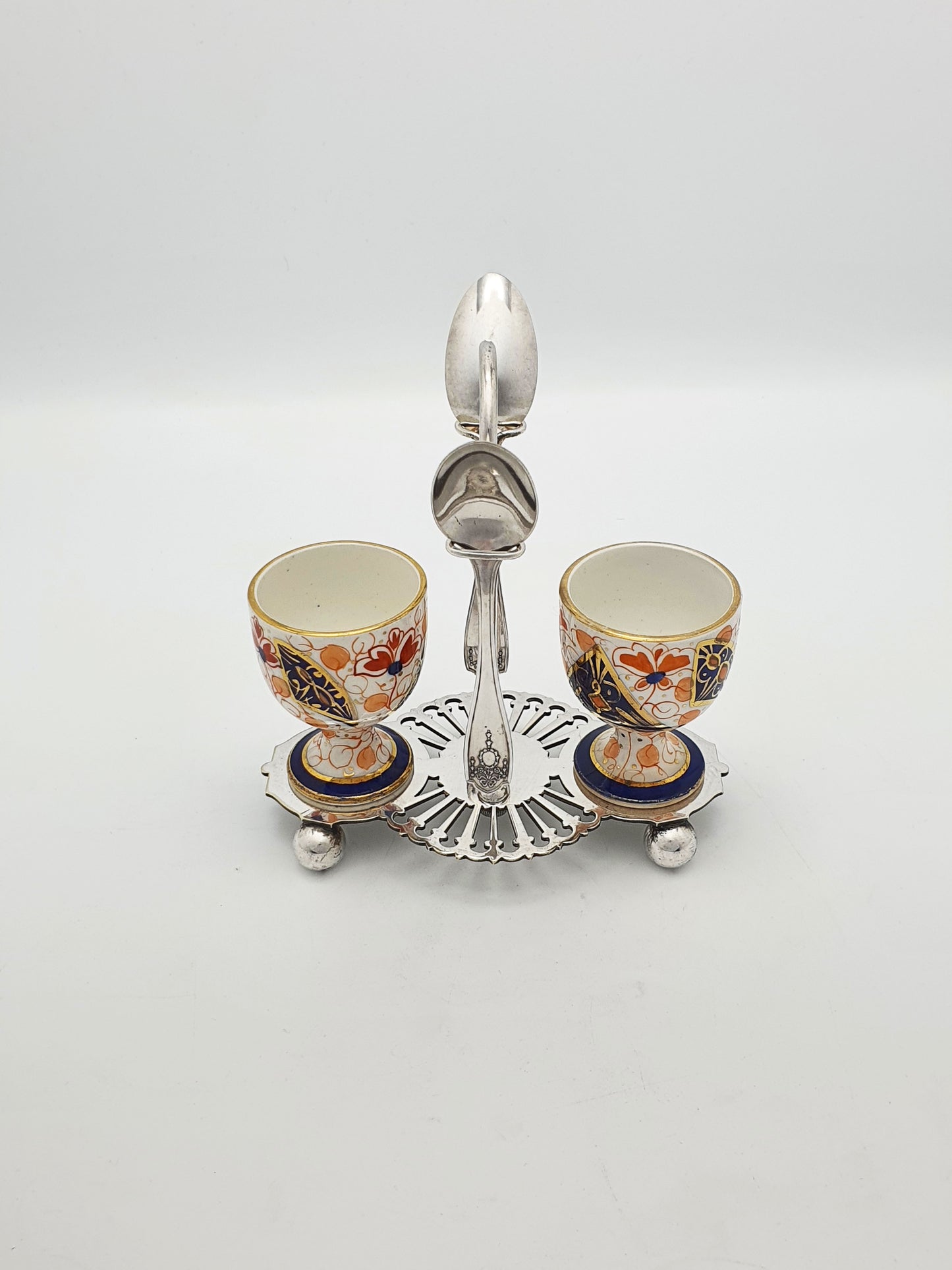 Lovely Antique Victorian Imari China & Silver-Plated Egg Cup Set – circa 1890