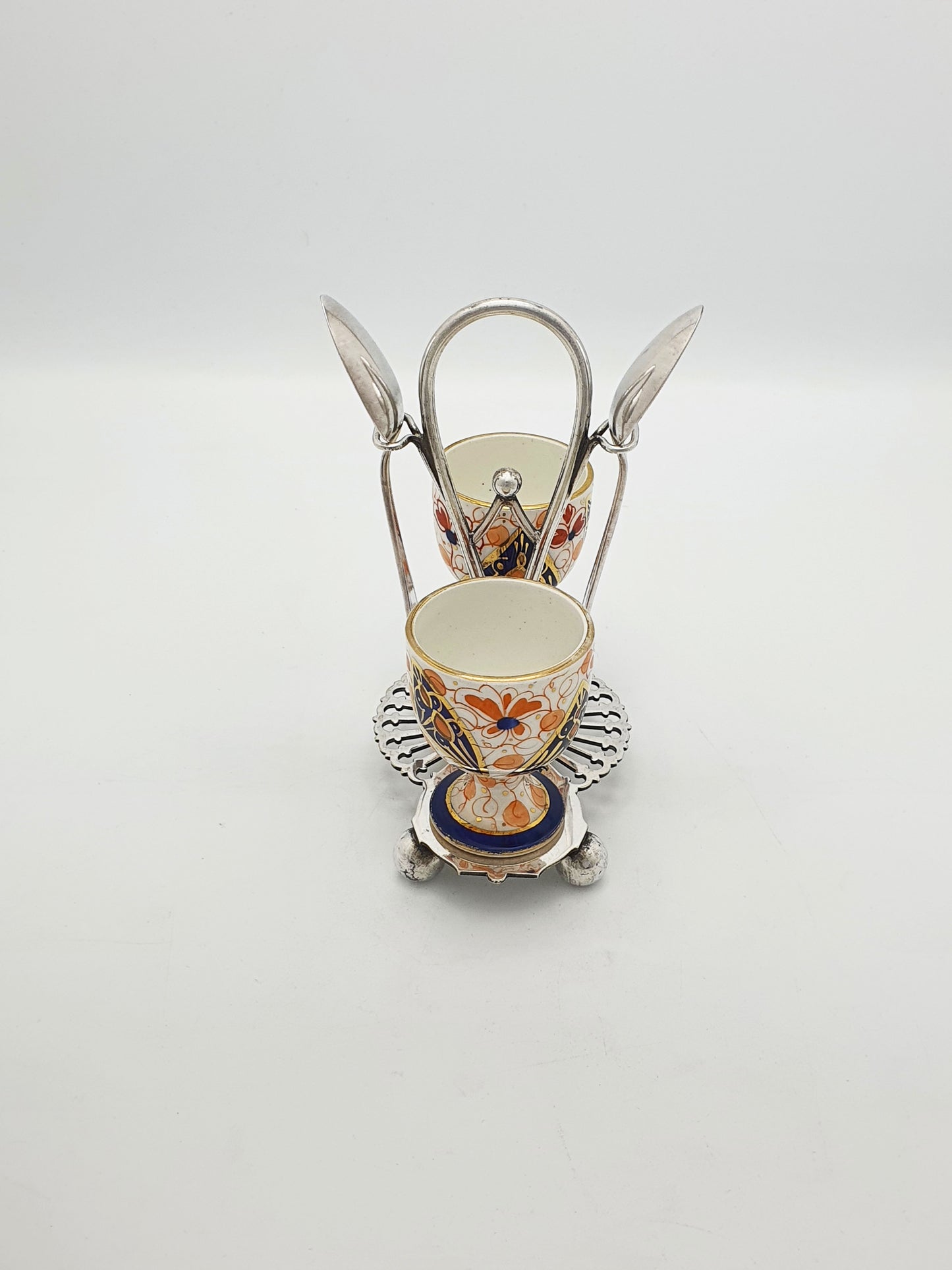 Lovely Antique Victorian Imari China & Silver-Plated Egg Cup Set – circa 1890
