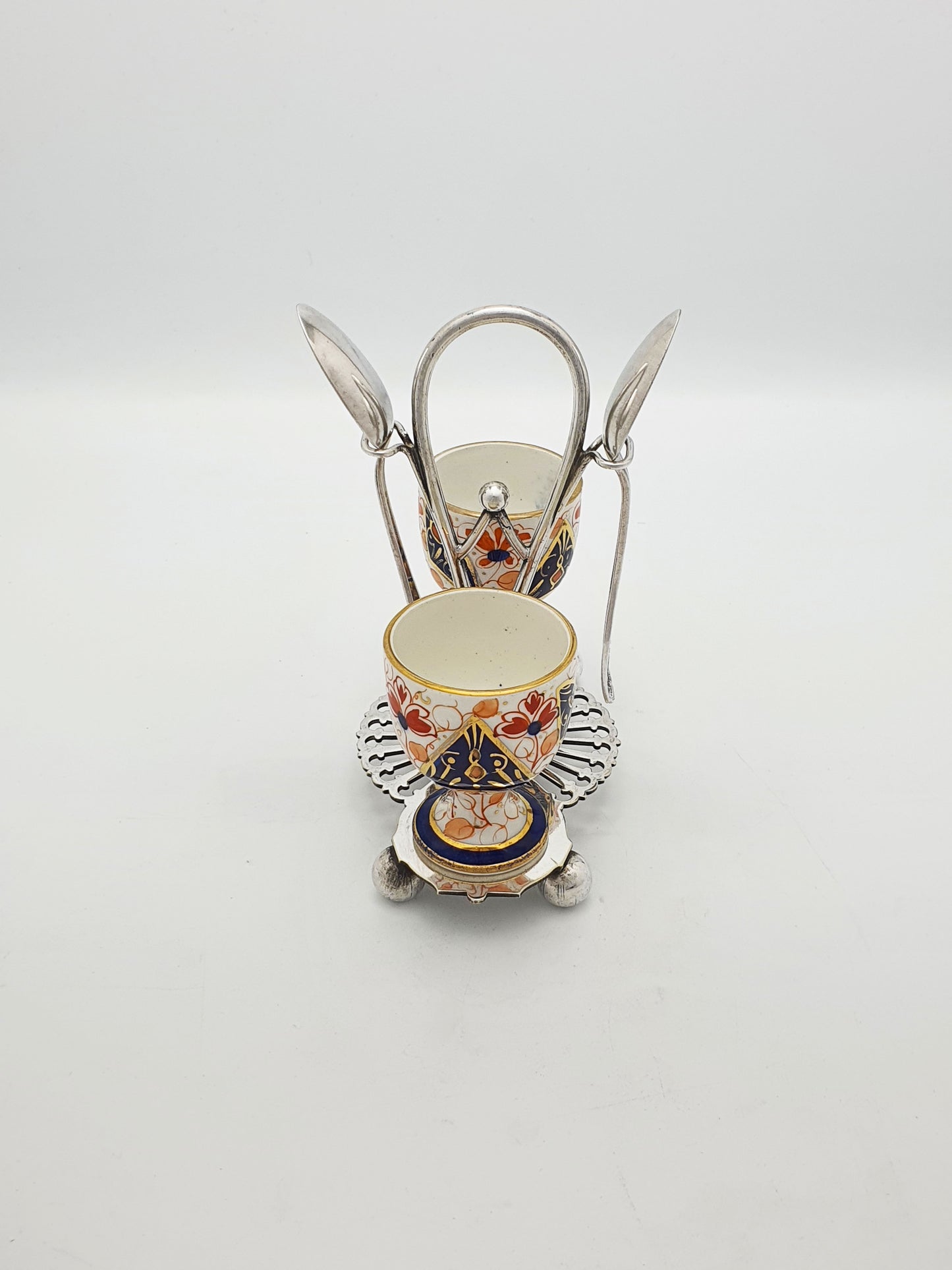 Lovely Antique Victorian Imari China & Silver-Plated Egg Cup Set – circa 1890