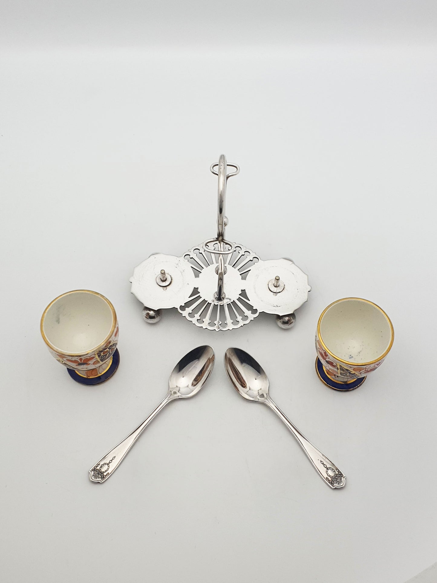 Lovely Antique Victorian Imari China & Silver-Plated Egg Cup Set – circa 1890