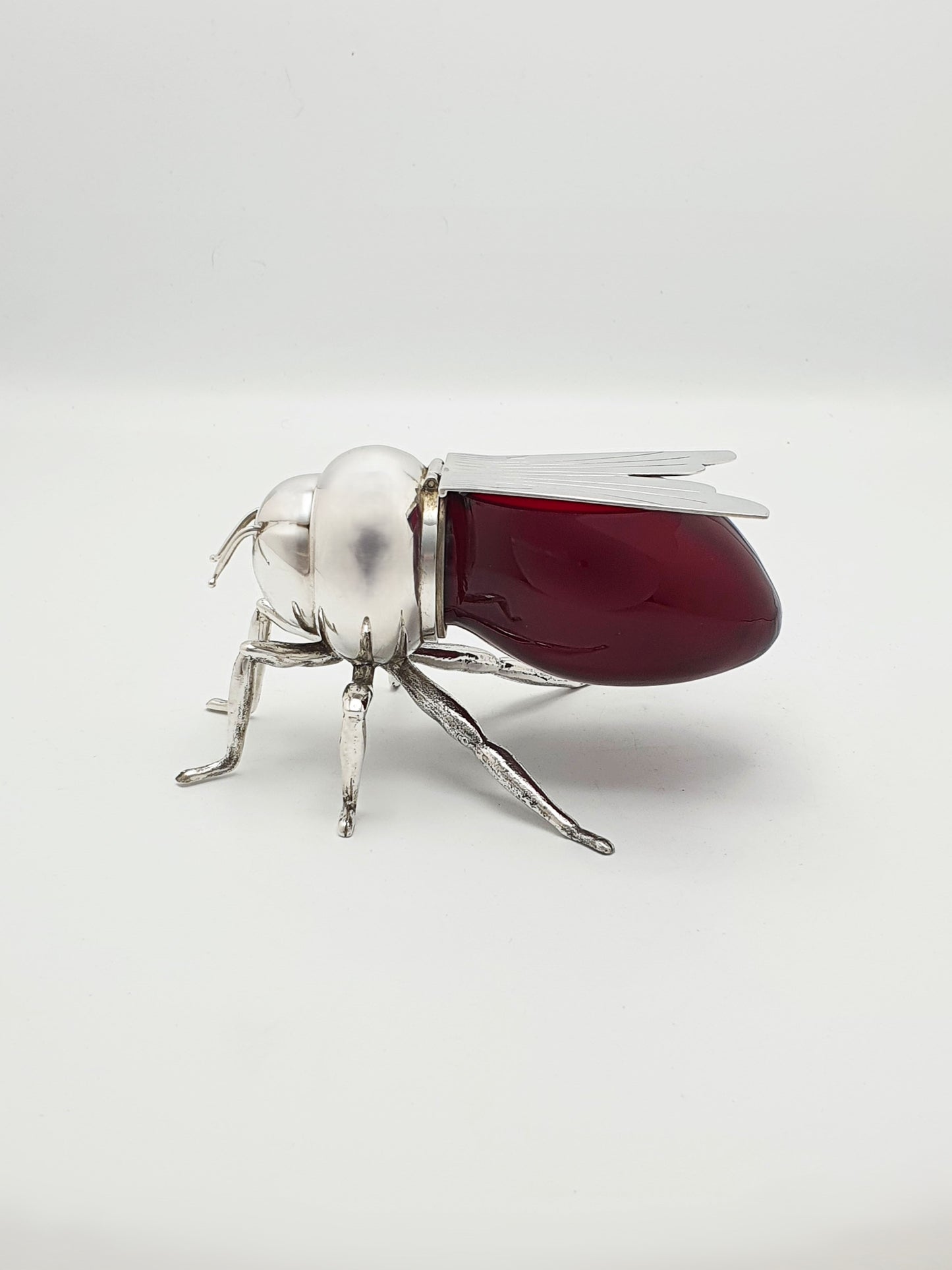 Unusual antique silver-plated and cranberry glass honey pot - circa 1920