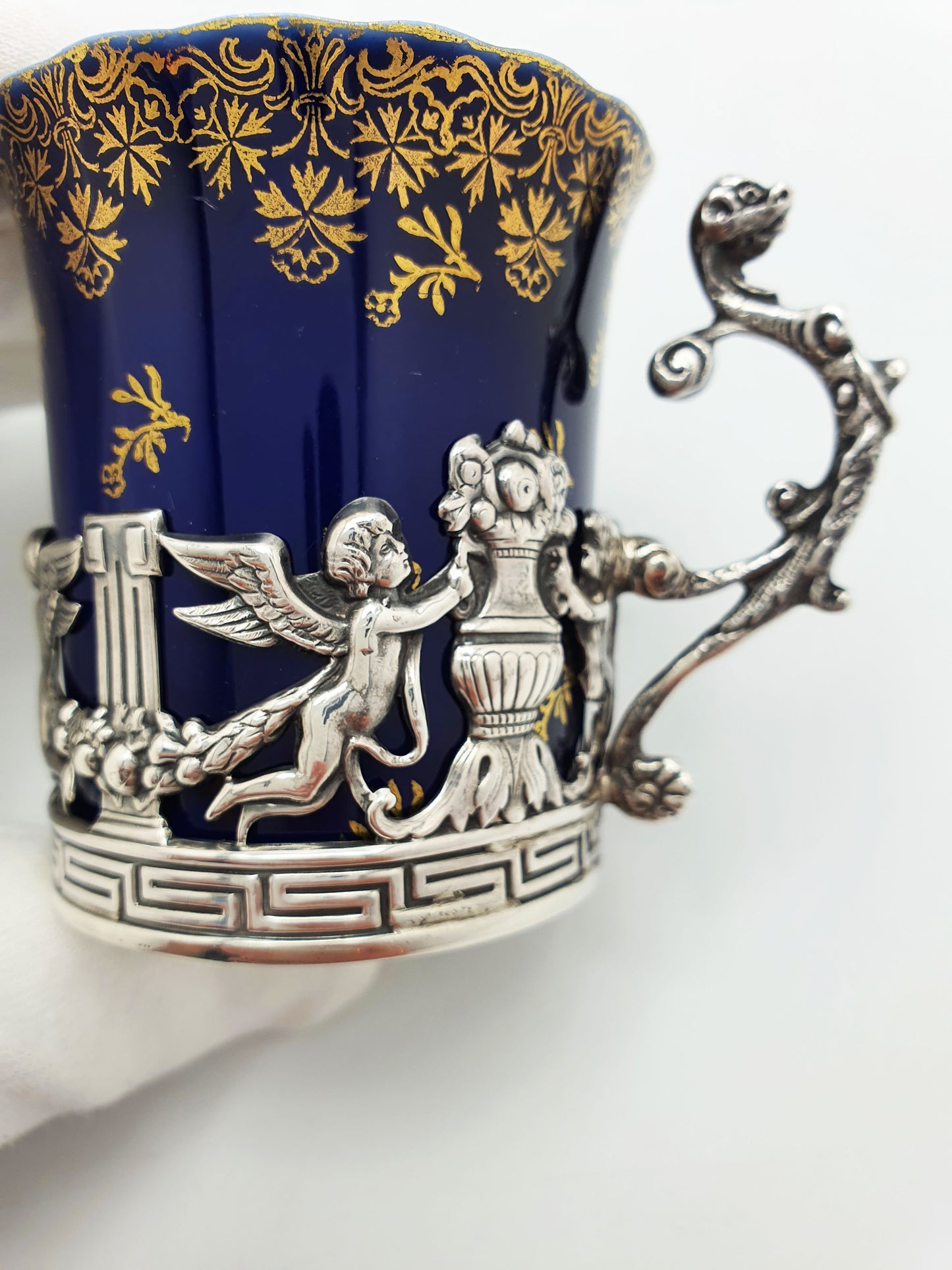 Nice Antique Porcelain and English Silver Coffee Can with Cherub Motif - 1912