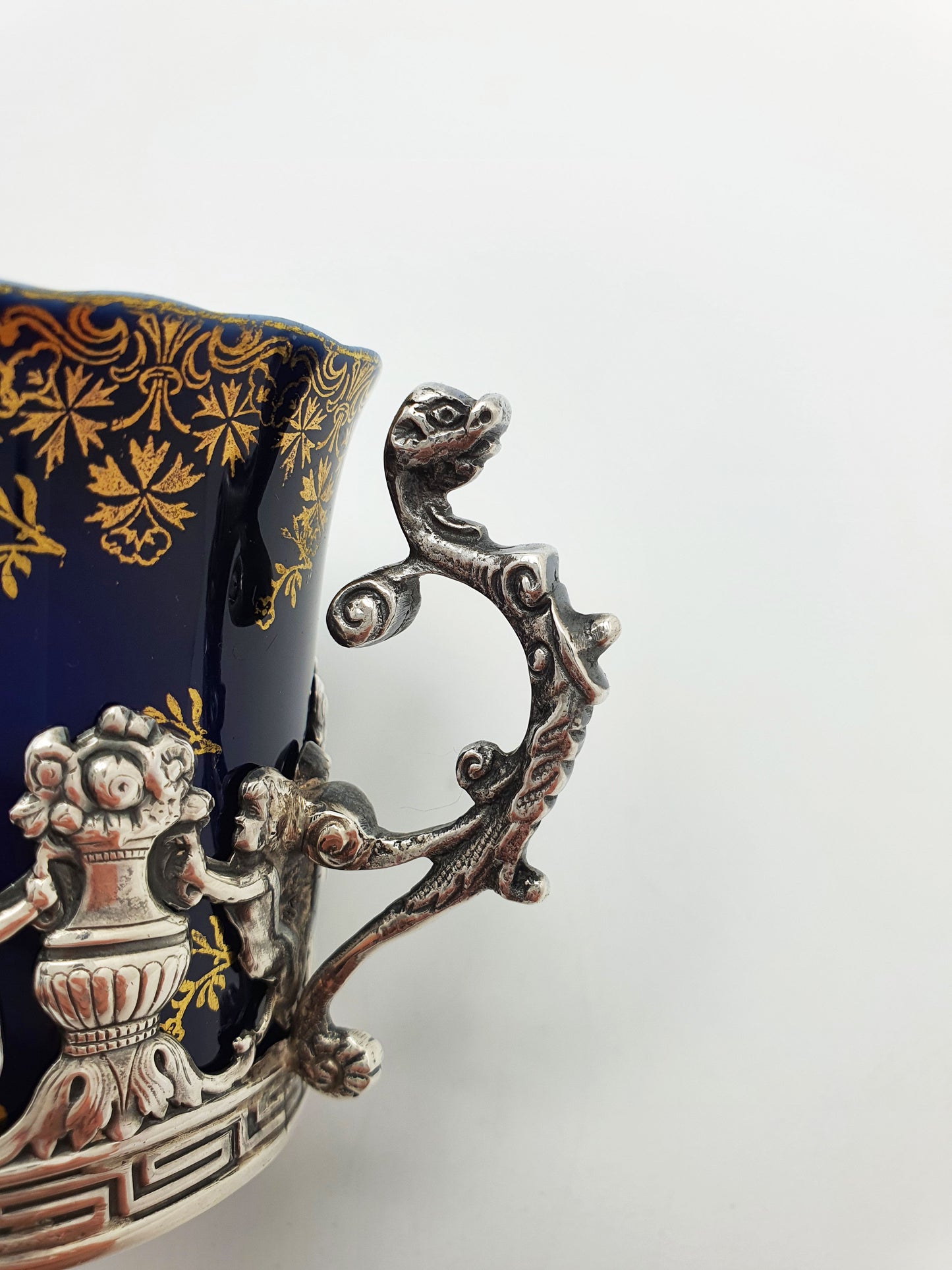 Nice Antique Porcelain and English Silver Coffee Can with Cherub Motif - 1912