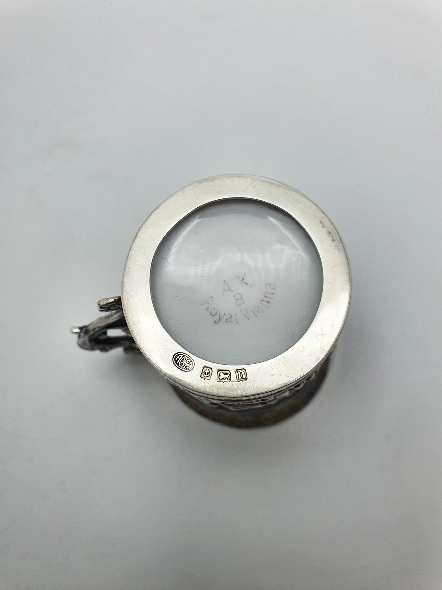 Nice Antique Porcelain and English Silver Coffee Can with Cherub Motif - 1912