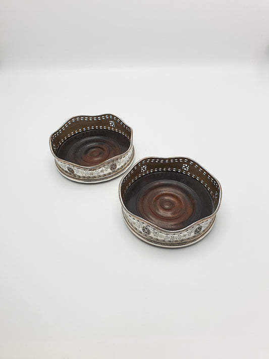 Lovely Pair of Antique Edwardian Silver Plate & Mahogany Wine Coasters – circa 1905