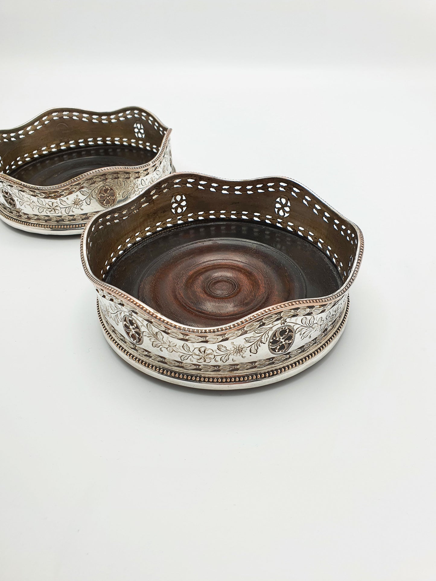 Lovely Pair of Antique Edwardian Silver Plate & Mahogany Wine Coasters – circa 1905