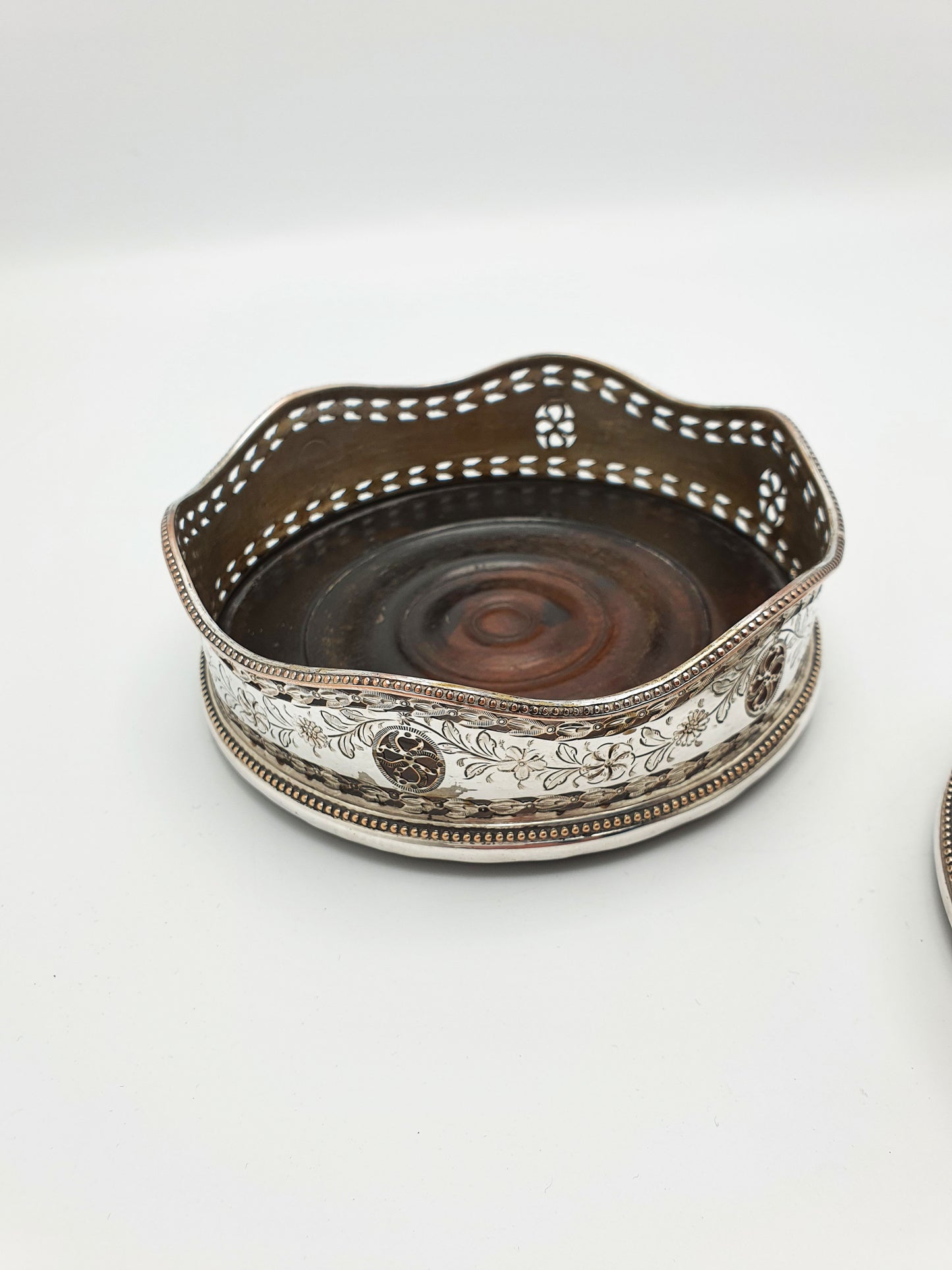 Lovely Pair of Antique Edwardian Silver Plate & Mahogany Wine Coasters – circa 1905