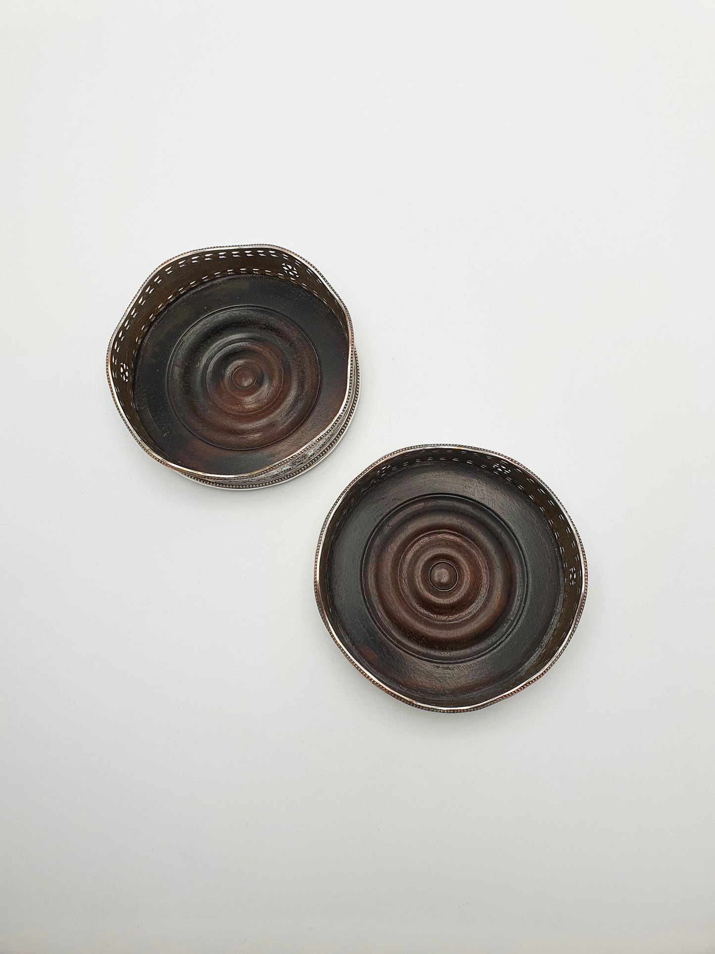 Lovely Pair of Antique Edwardian Silver Plate & Mahogany Wine Coasters – circa 1905