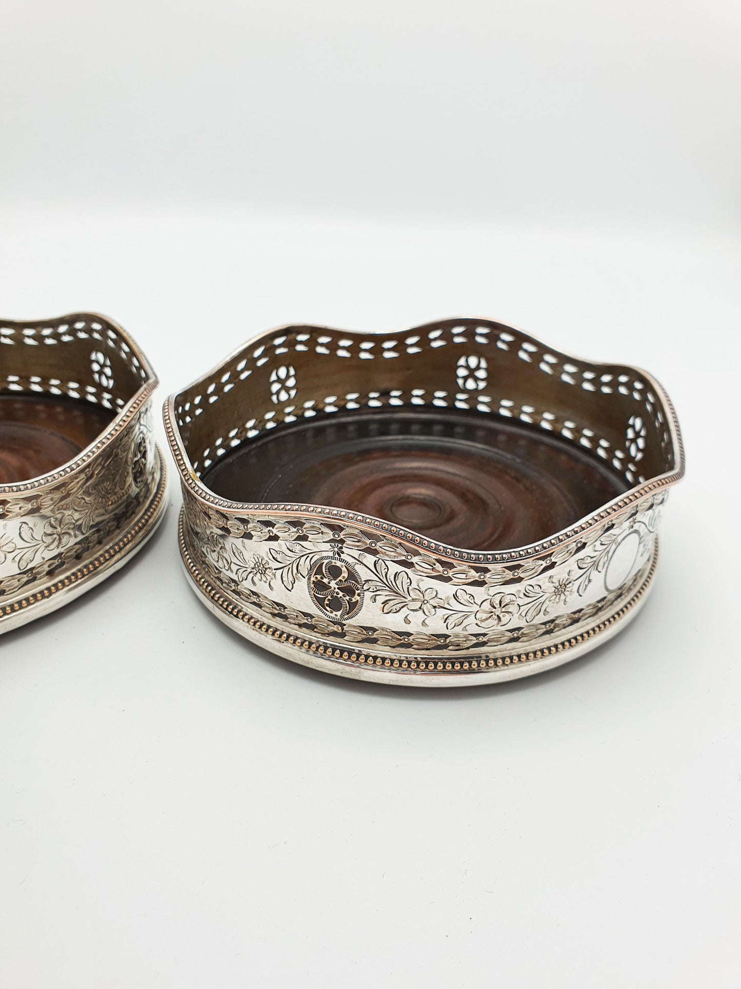 Lovely Pair of Antique Edwardian Silver Plate & Mahogany Wine Coasters – circa 1905