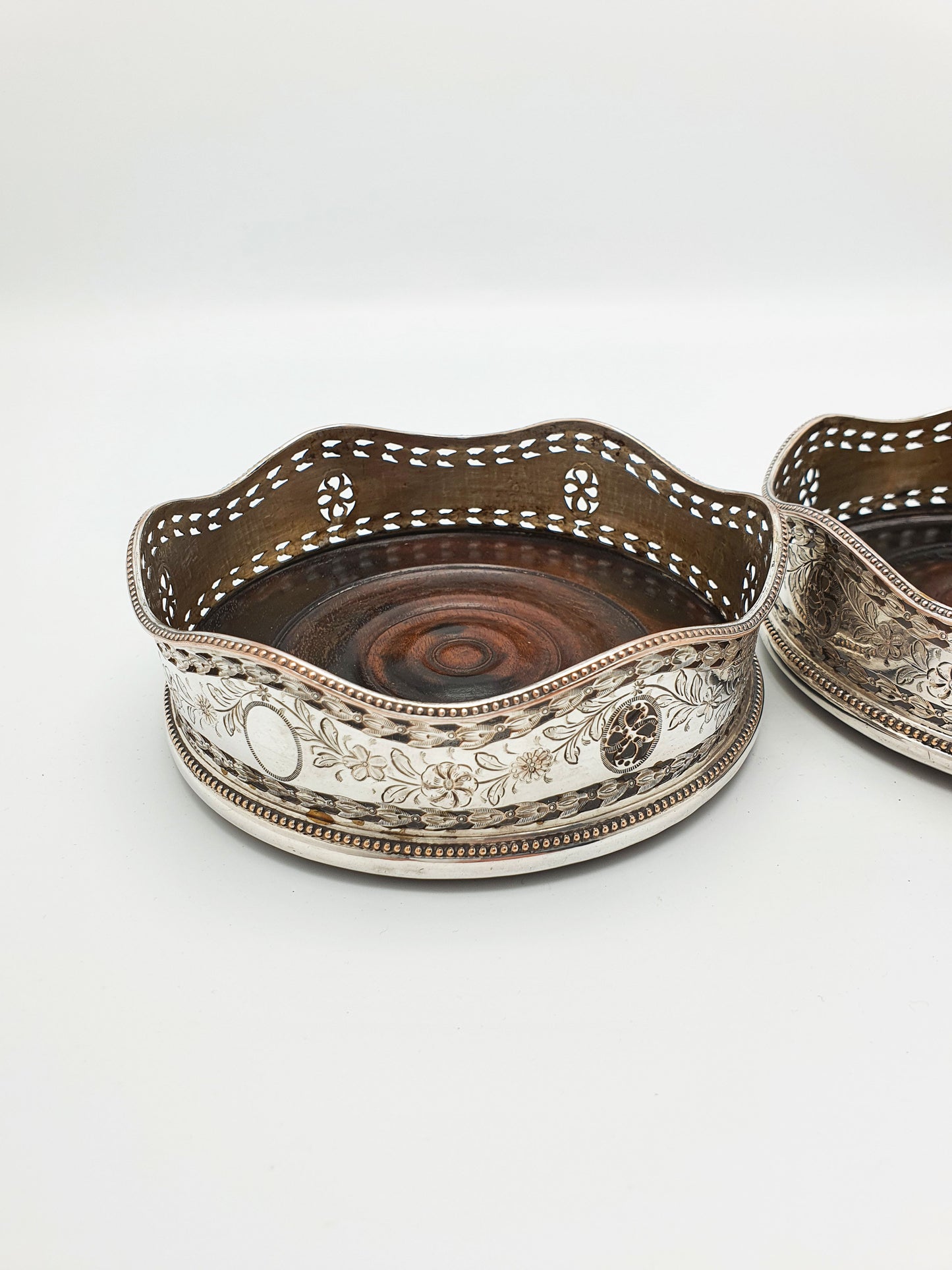 Lovely Pair of Antique Edwardian Silver Plate & Mahogany Wine Coasters – circa 1905