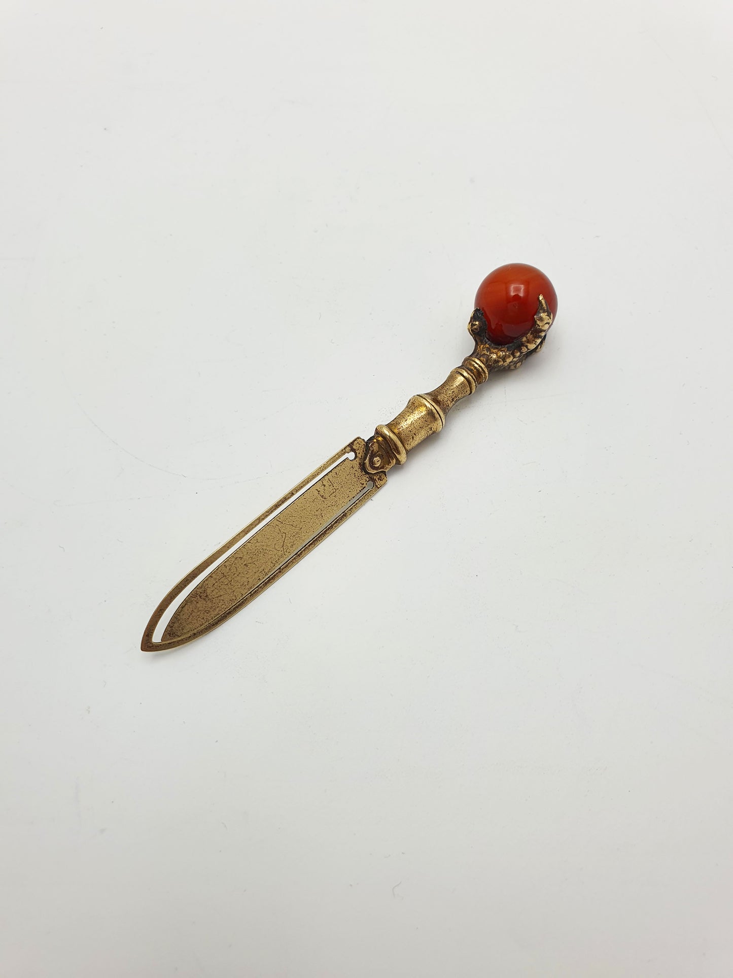 Nice Antique Victorian Brass Page Marker with Claw and Red Agate Finial – circa 1890