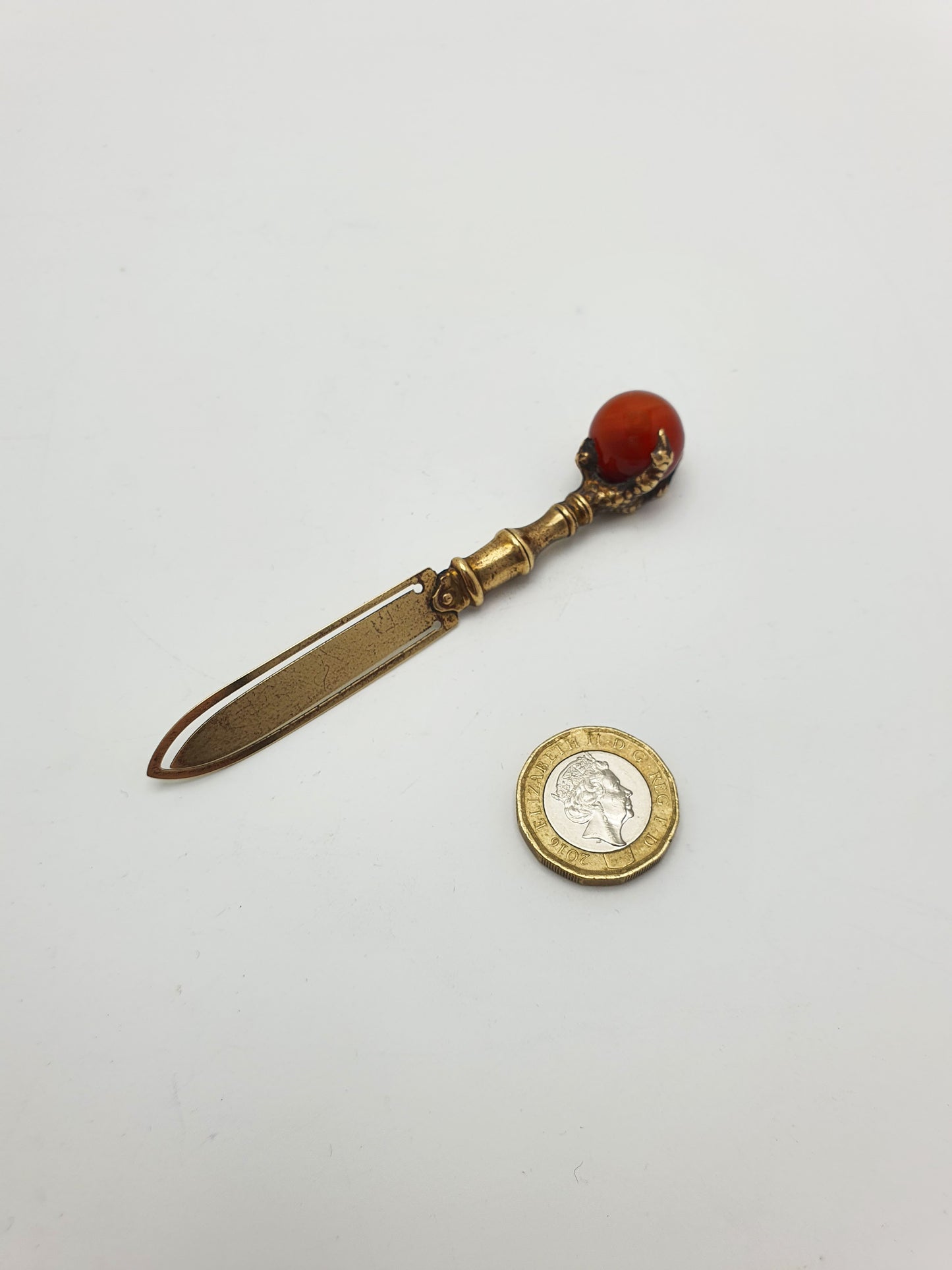 Nice Antique Victorian Brass Page Marker with Claw and Red Agate Finial – circa 1890