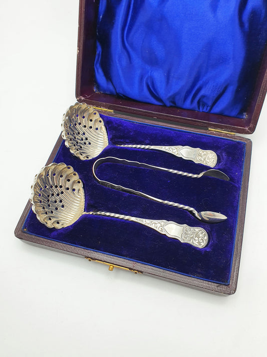 Beautiful Antique Edwardian Solid Silver Sugar Sifters and Tongs Set - 1908