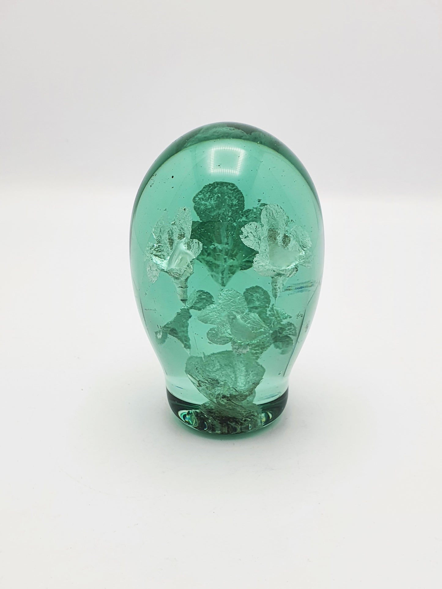 Pretty Antique Victorian Green Glass Paperweight with Encased Floral Motif – circa 1890