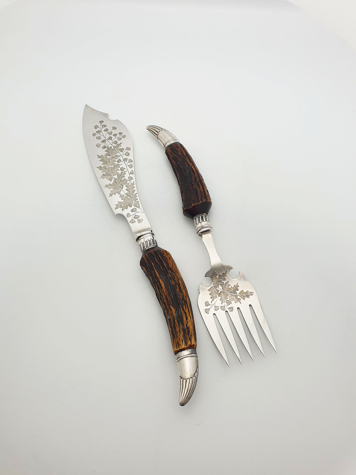 Fabulous Victorian Silver-Plated Fish Server and Fork Set with Antler Handles – circa 1890