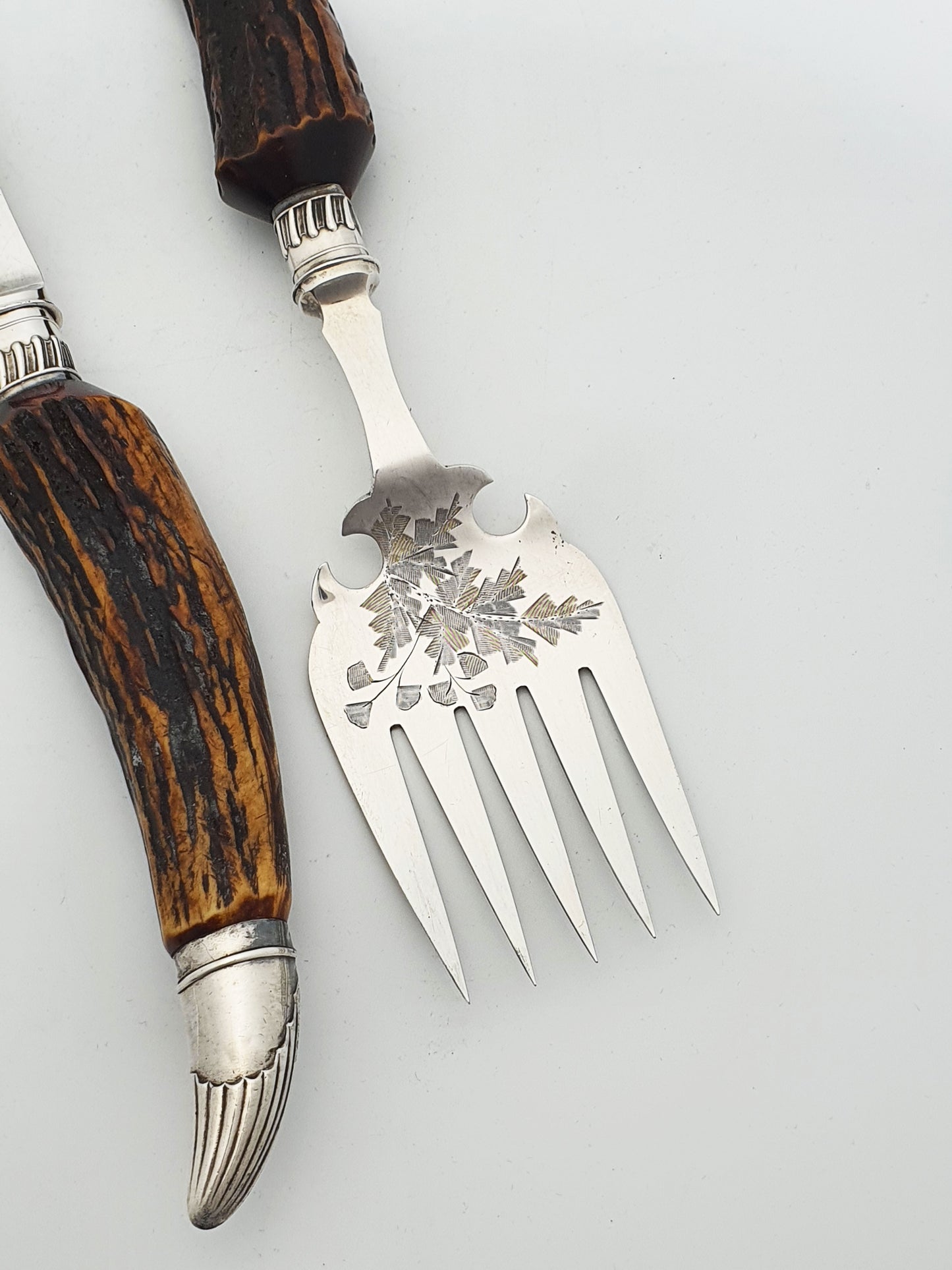 Fabulous Victorian Silver-Plated Fish Server and Fork Set with Antler Handles – circa 1890