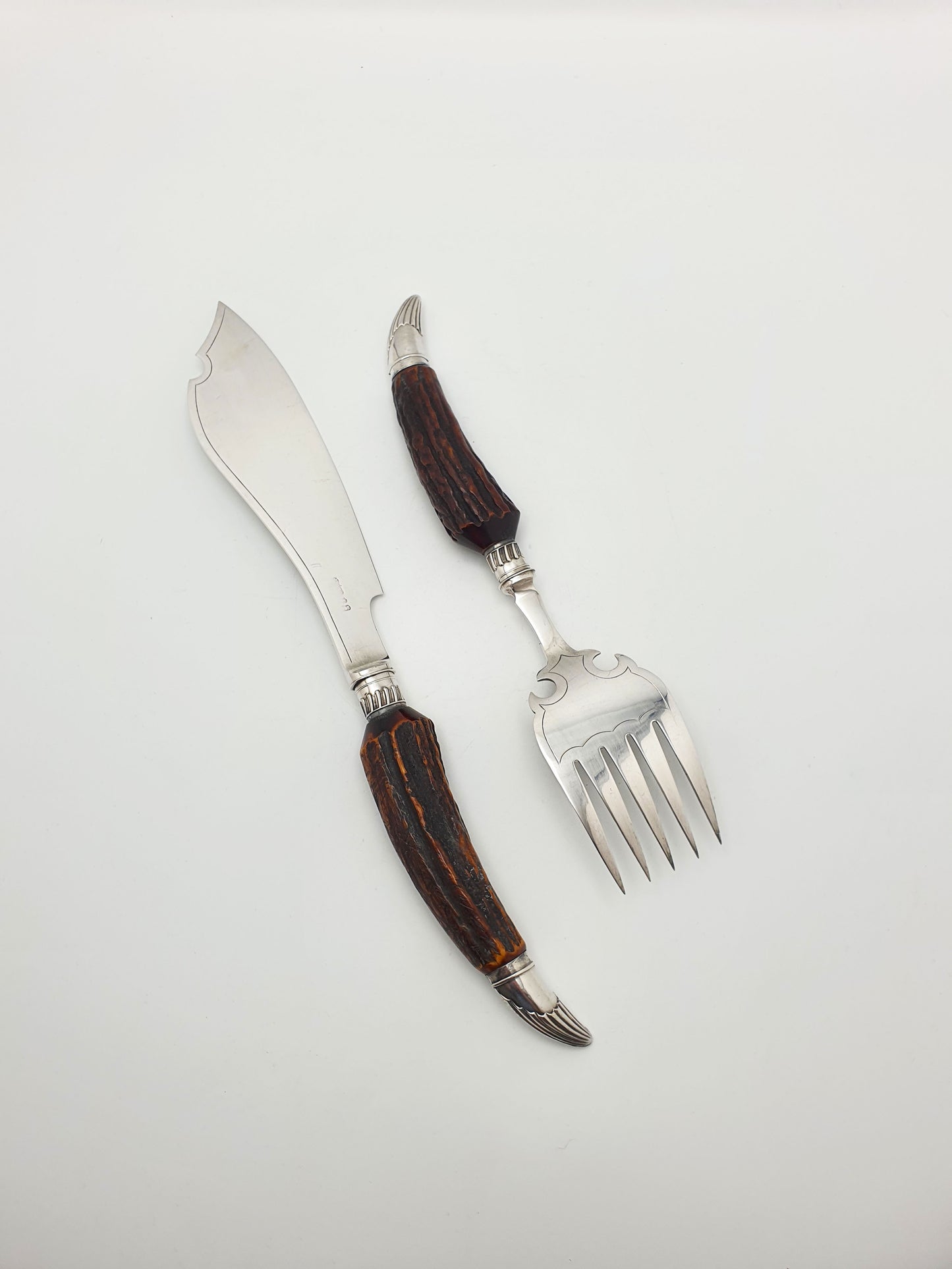 Fabulous Victorian Silver-Plated Fish Server and Fork Set with Antler Handles – circa 1890