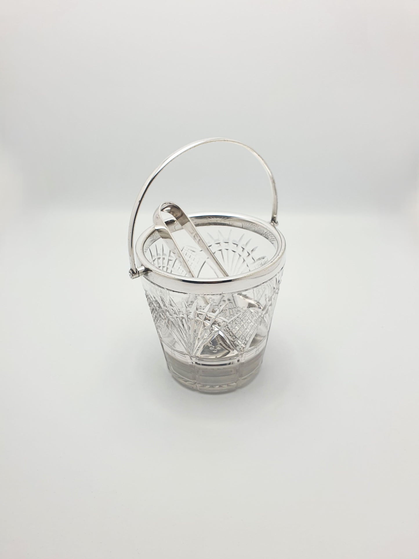 Nice Vintage Cut Glass Ice Bucket with Silver-Plated Rim, Tongs and Strainer – circa 1925