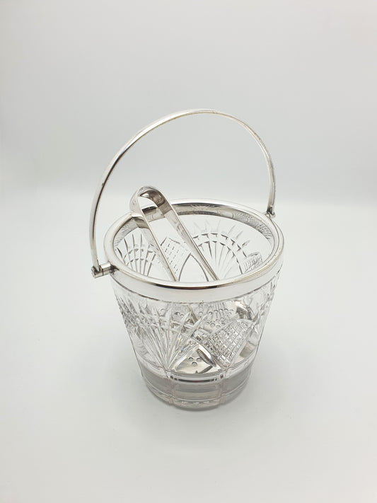 Nice Vintage Cut Glass Ice Bucket with Silver-Plated Rim, Tongs and Strainer – circa 1925