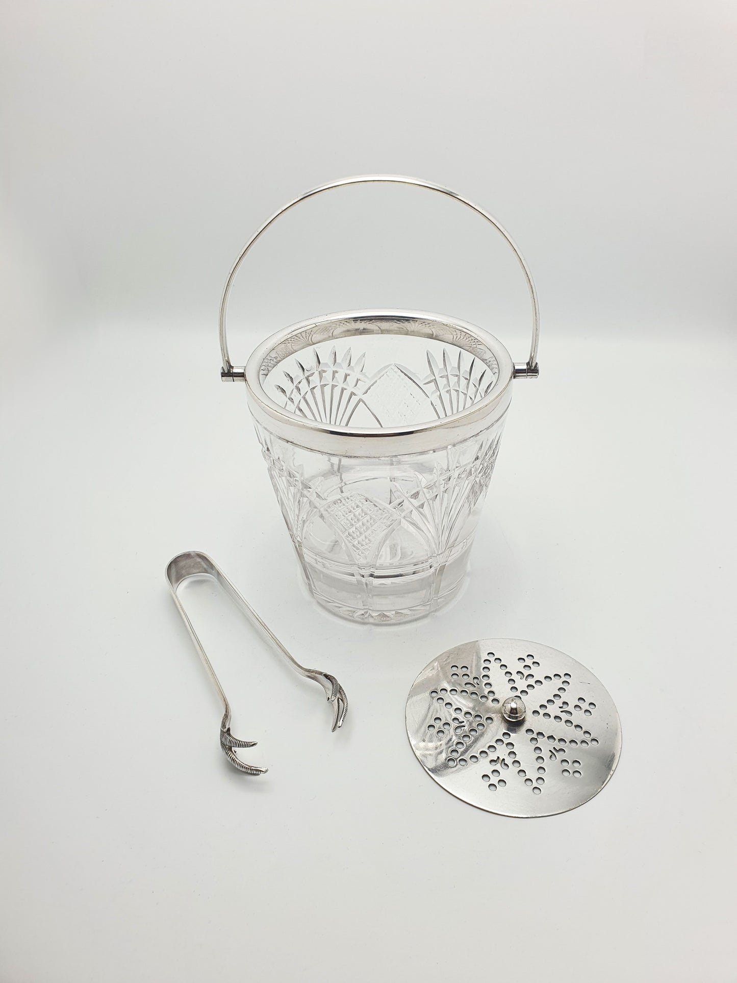 Nice Vintage Cut Glass Ice Bucket with Silver-Plated Rim, Tongs and Strainer – circa 1925