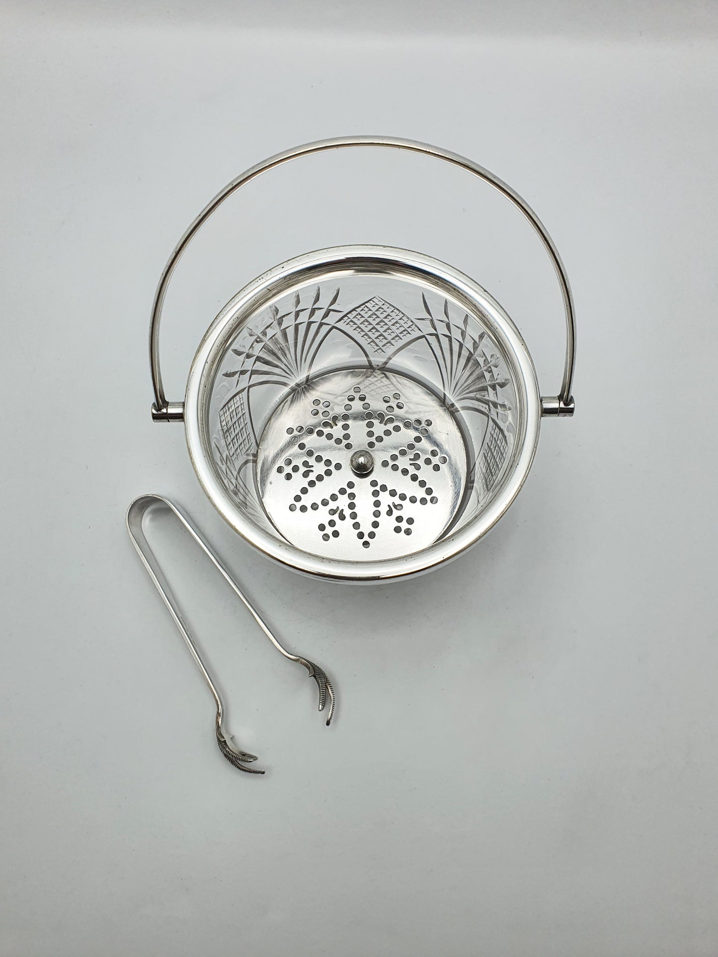 Nice Vintage Cut Glass Ice Bucket with Silver-Plated Rim, Tongs and Strainer – circa 1925