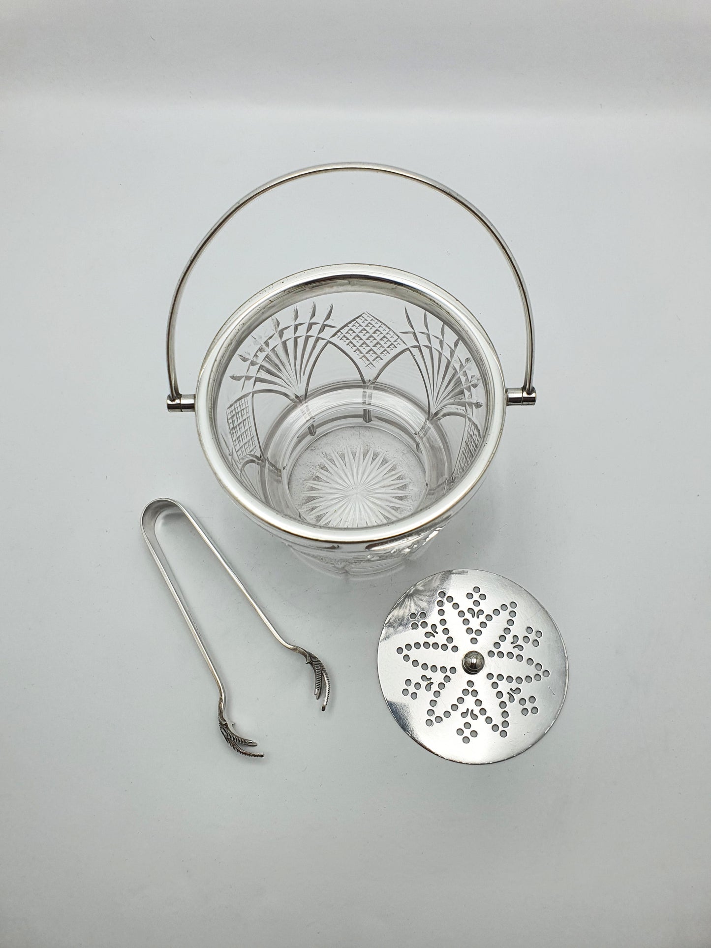 Nice Vintage Cut Glass Ice Bucket with Silver-Plated Rim, Tongs and Strainer – circa 1925