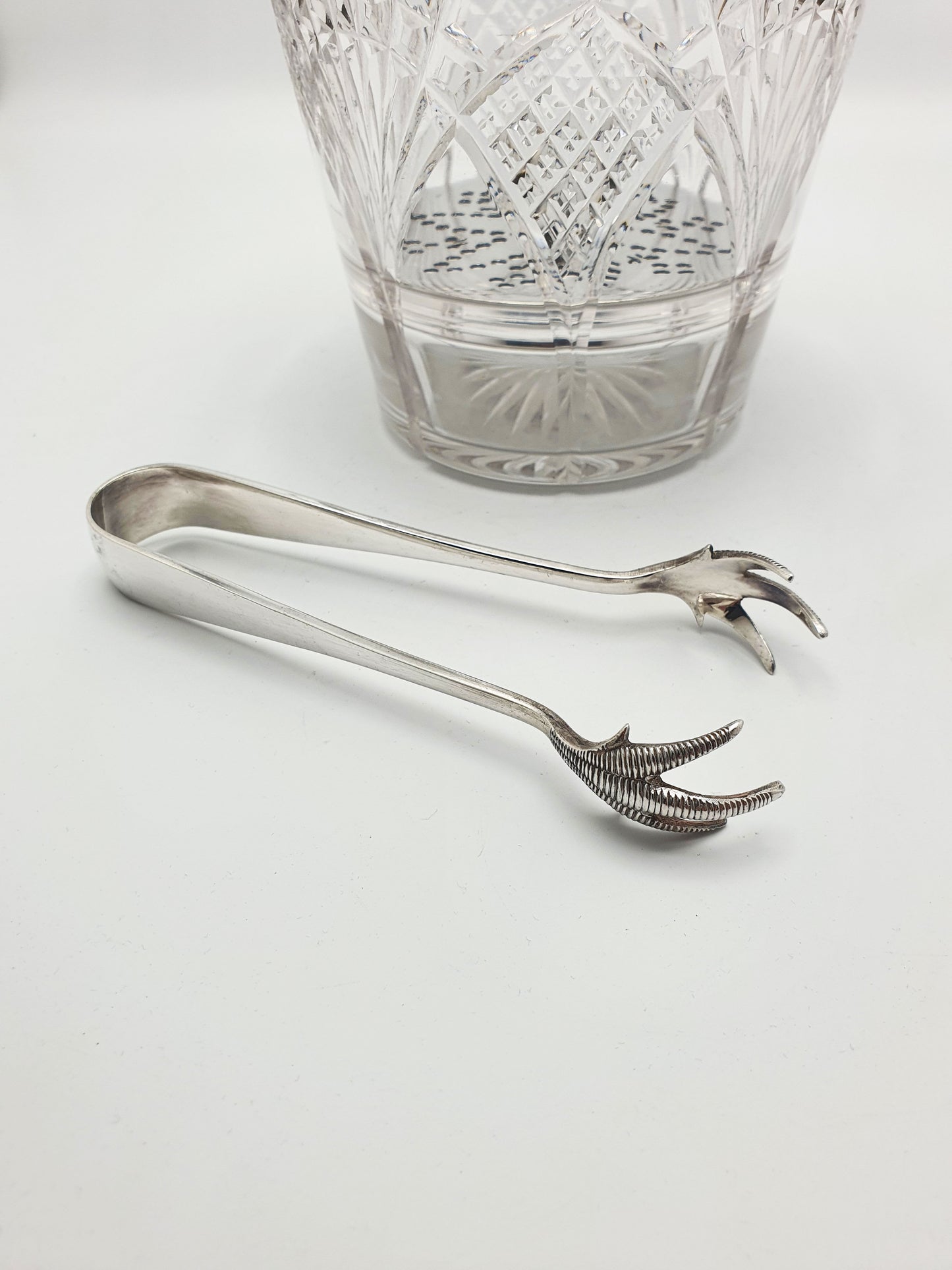 Nice Vintage Cut Glass Ice Bucket with Silver-Plated Rim, Tongs and Strainer – circa 1925