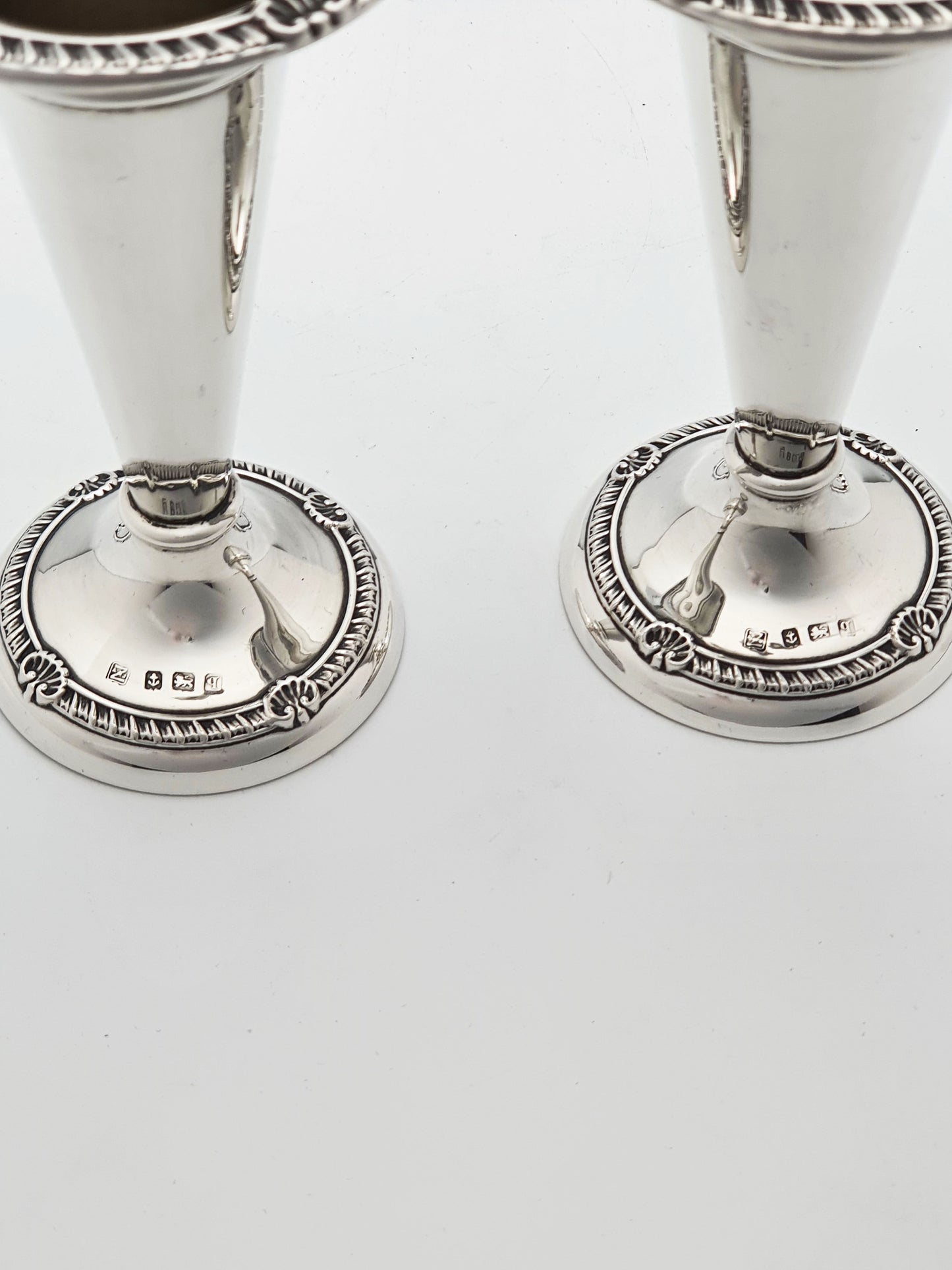 Lovely Pair of Antique Georgian Revival Sterling Silver Trumpet Vases - 1915