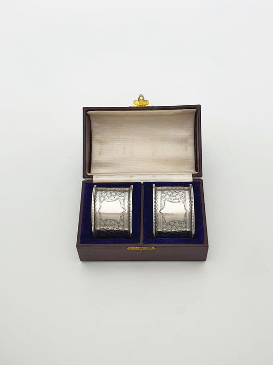 Pair of Antique Victorian Sterling Silver Napkin Rings in Fitted Case - 1890