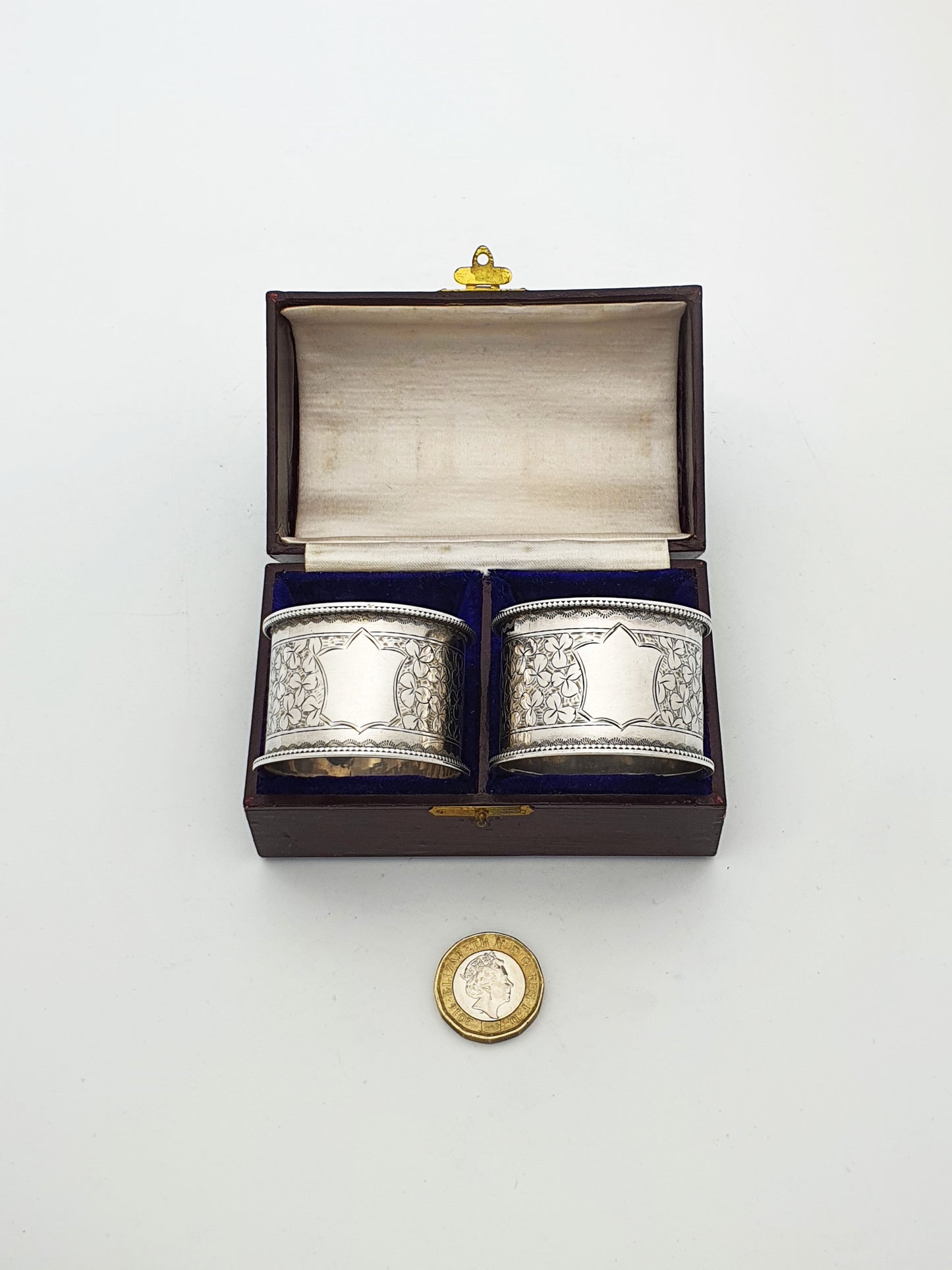 Pair of Antique Victorian Sterling Silver Napkin Rings in Fitted Case - 1890