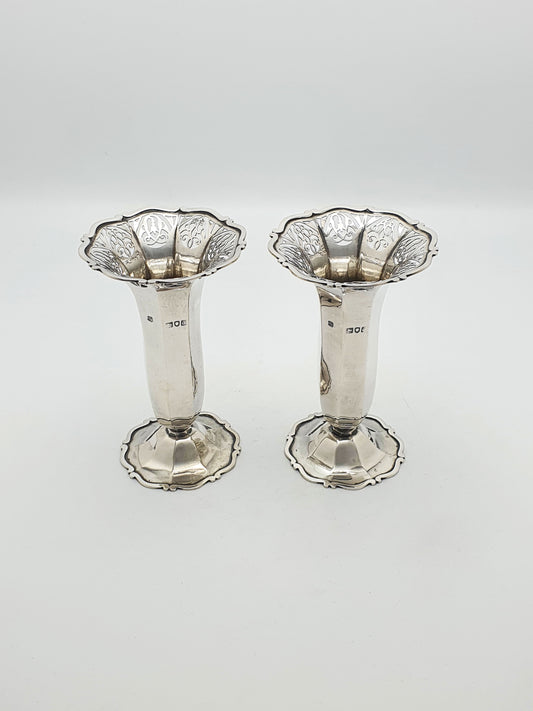 Gorgeous Pair of Edwardian Solid Silver Trumpet Vases - 1899