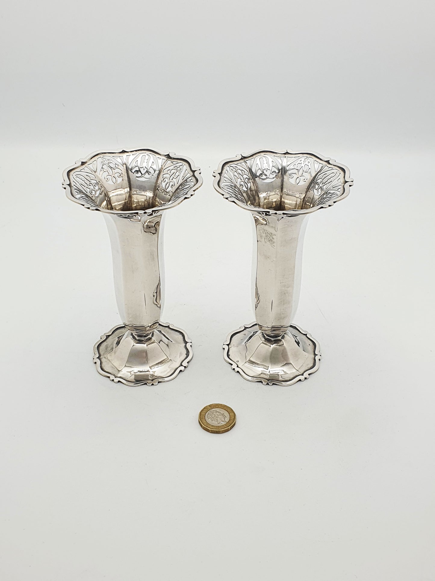 Gorgeous Pair of Edwardian Solid Silver Trumpet Vases - 1899