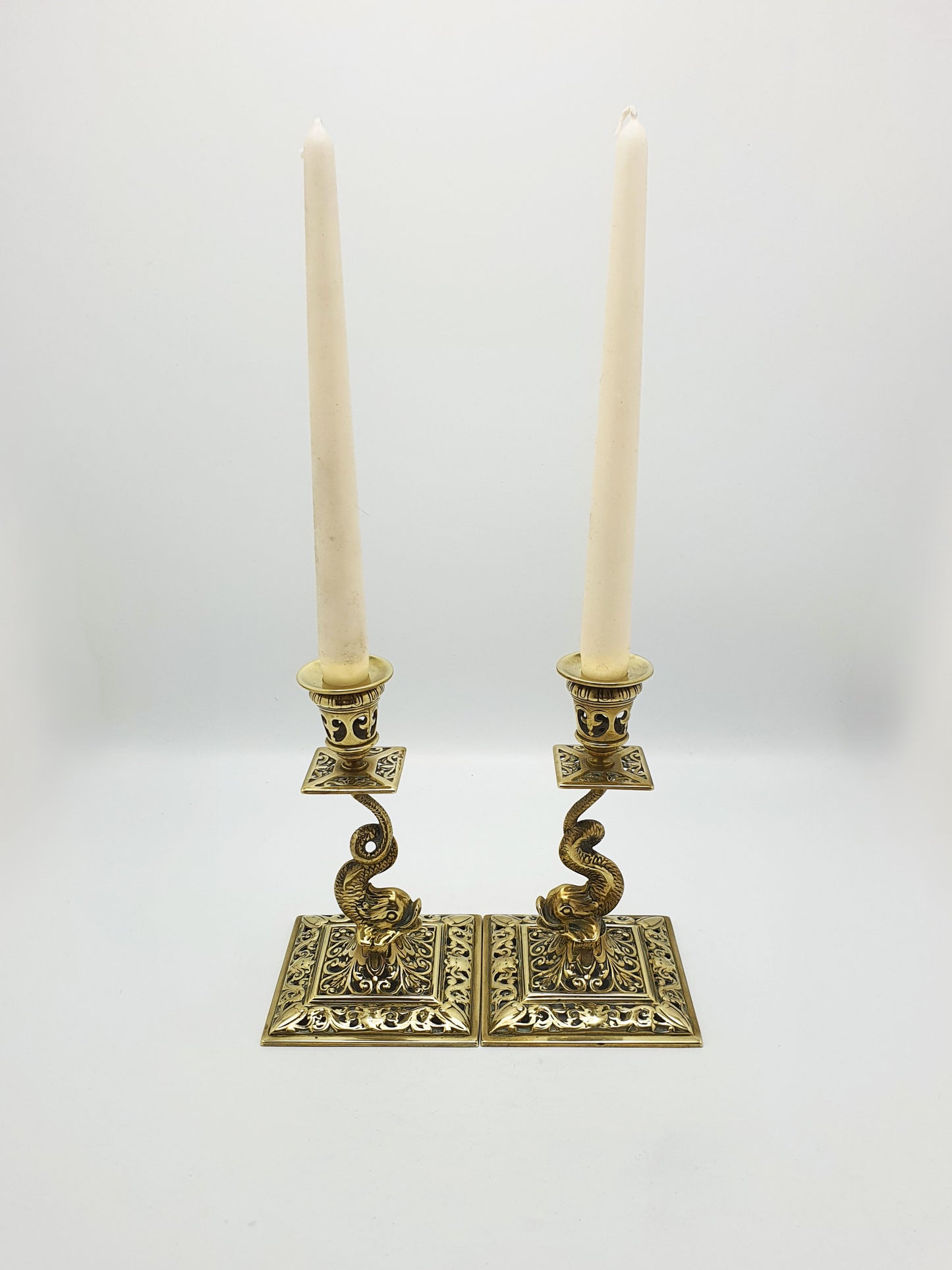 Nice Pair of Victorian Brass Dolphin Candlesticks - 1890