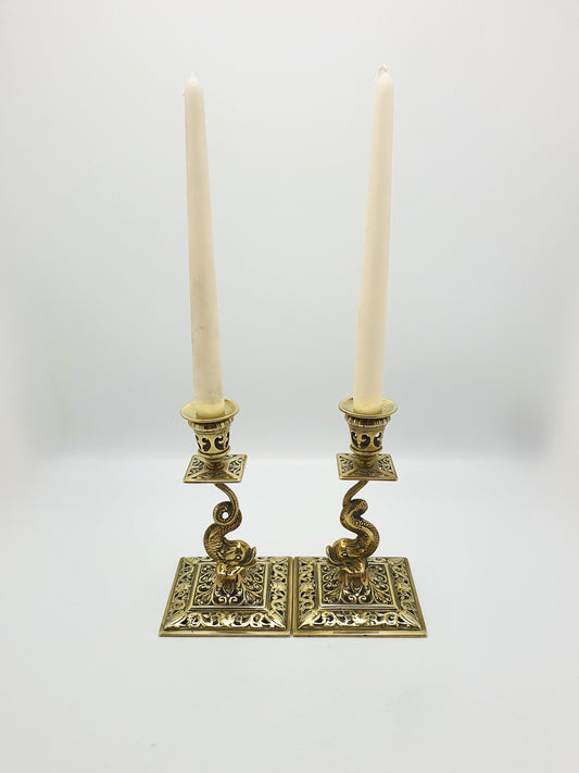 Nice Pair of Victorian Brass Dolphin Candlesticks - 1890