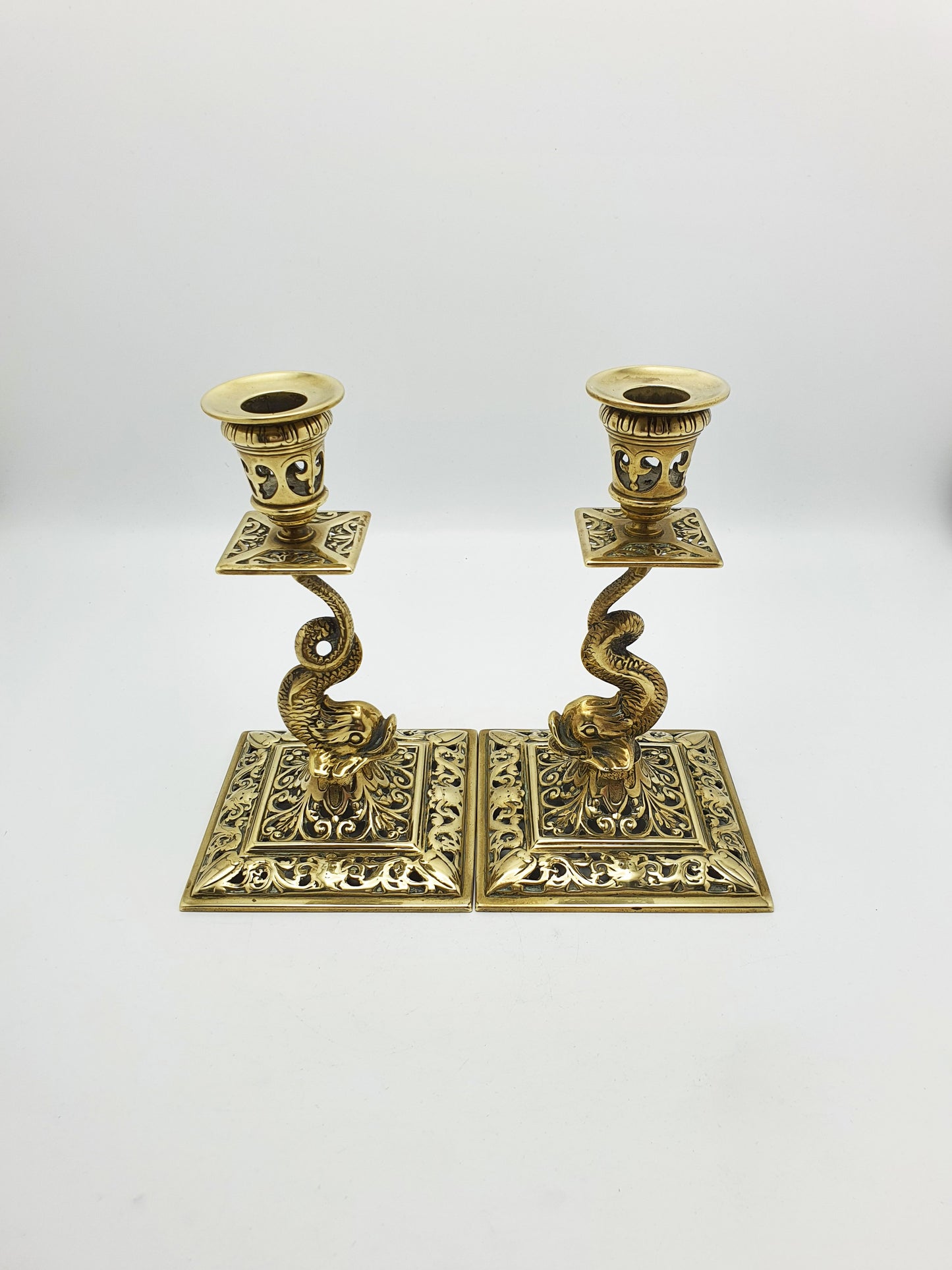 Nice Pair of Victorian Brass Dolphin Candlesticks - 1890